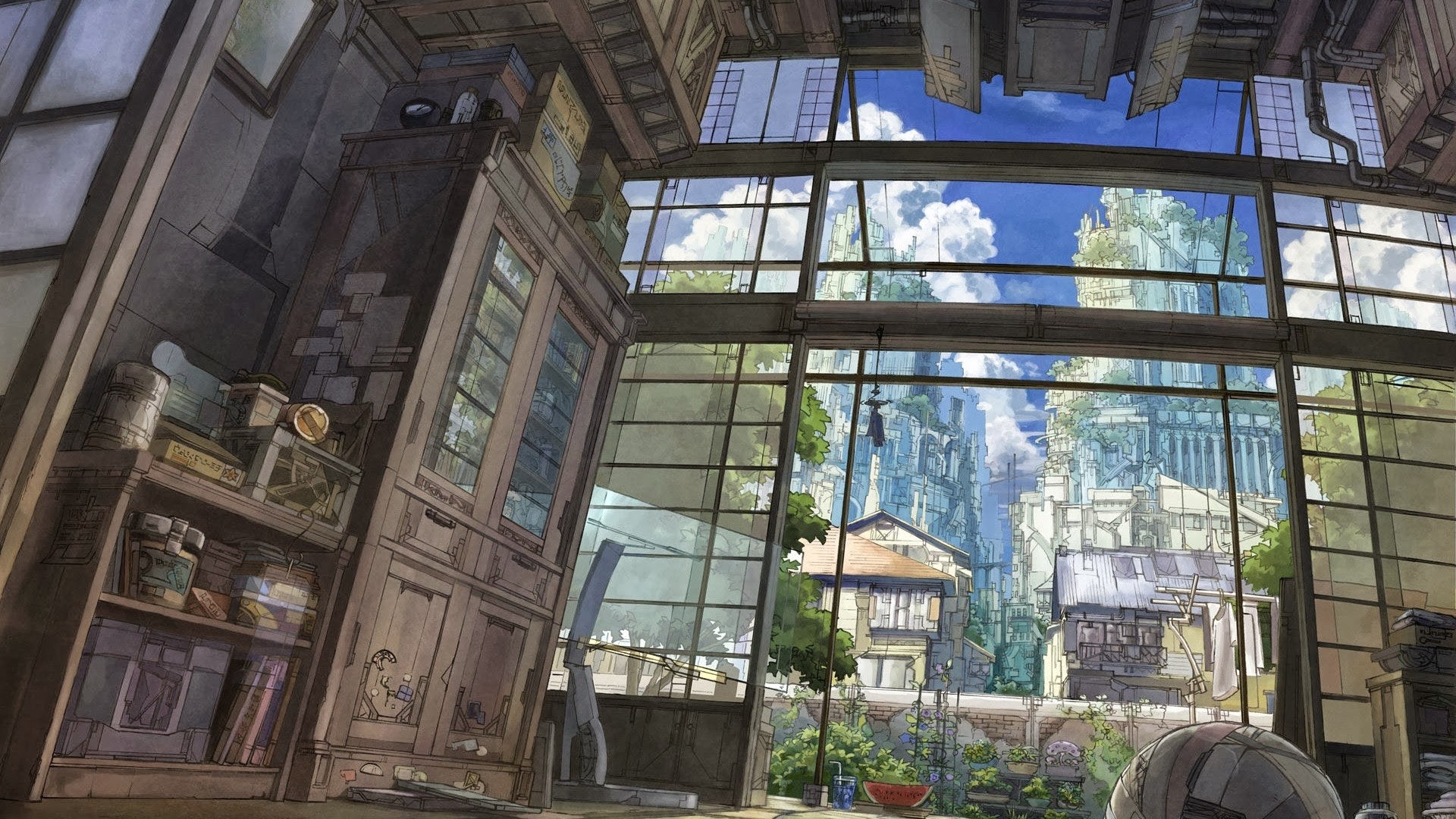 Anime interior with a view of a futuristic city HD Wallpaper