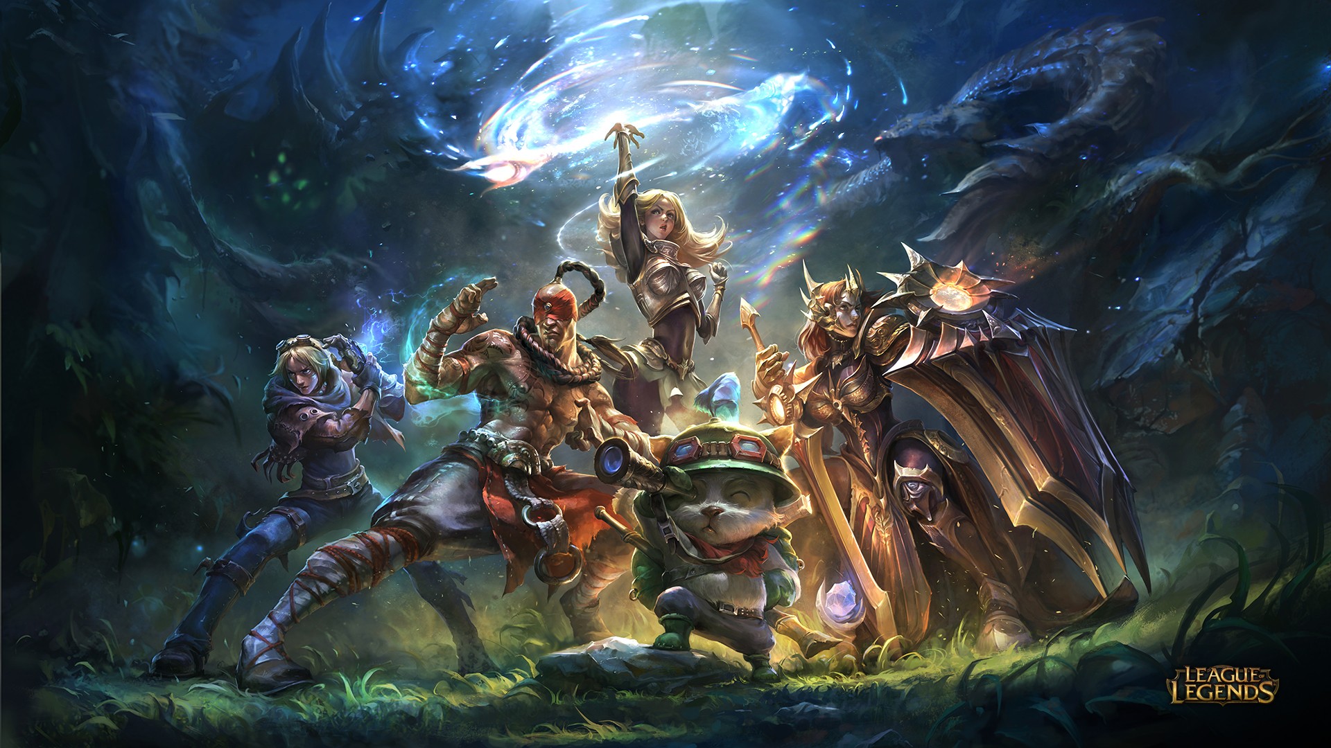 League of Legends characters in a dark forest HD Wallpaper