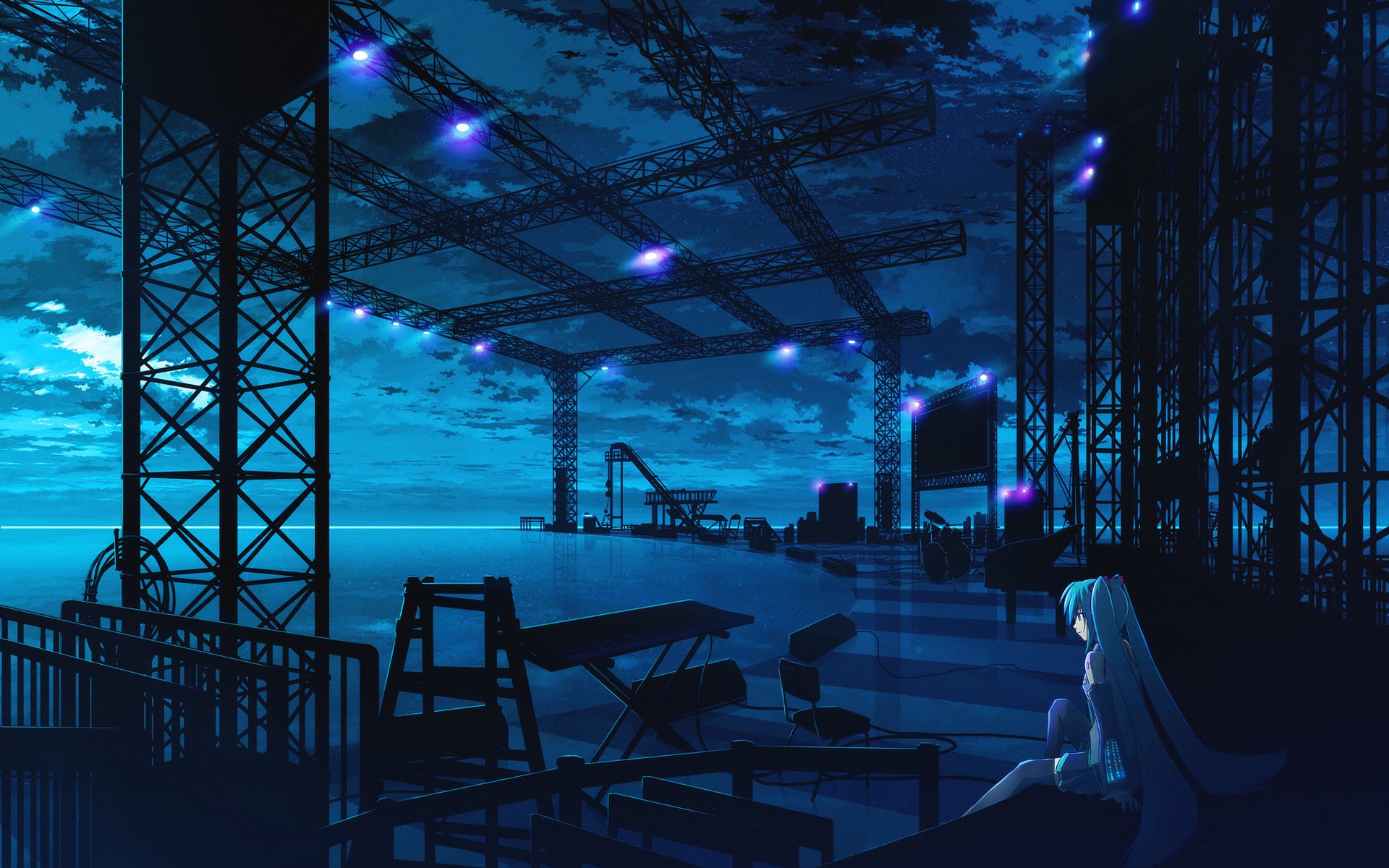 Hatsune Miku on a dark stage with blue lights HD Wallpaper