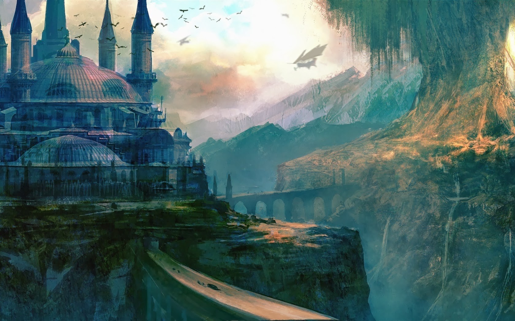 Fantasy city with castles and mountains HD Wallpaper