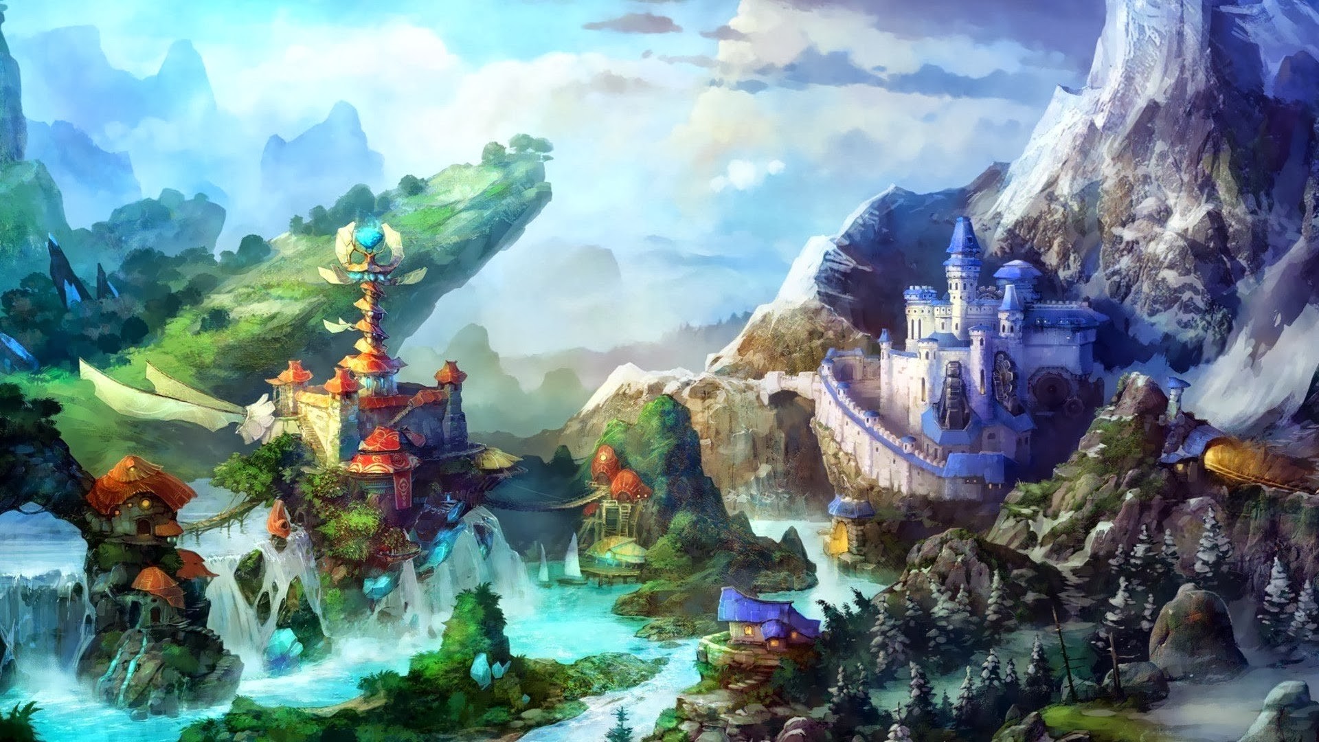 Fantasy city artwork with castles and mountains HD Wallpaper