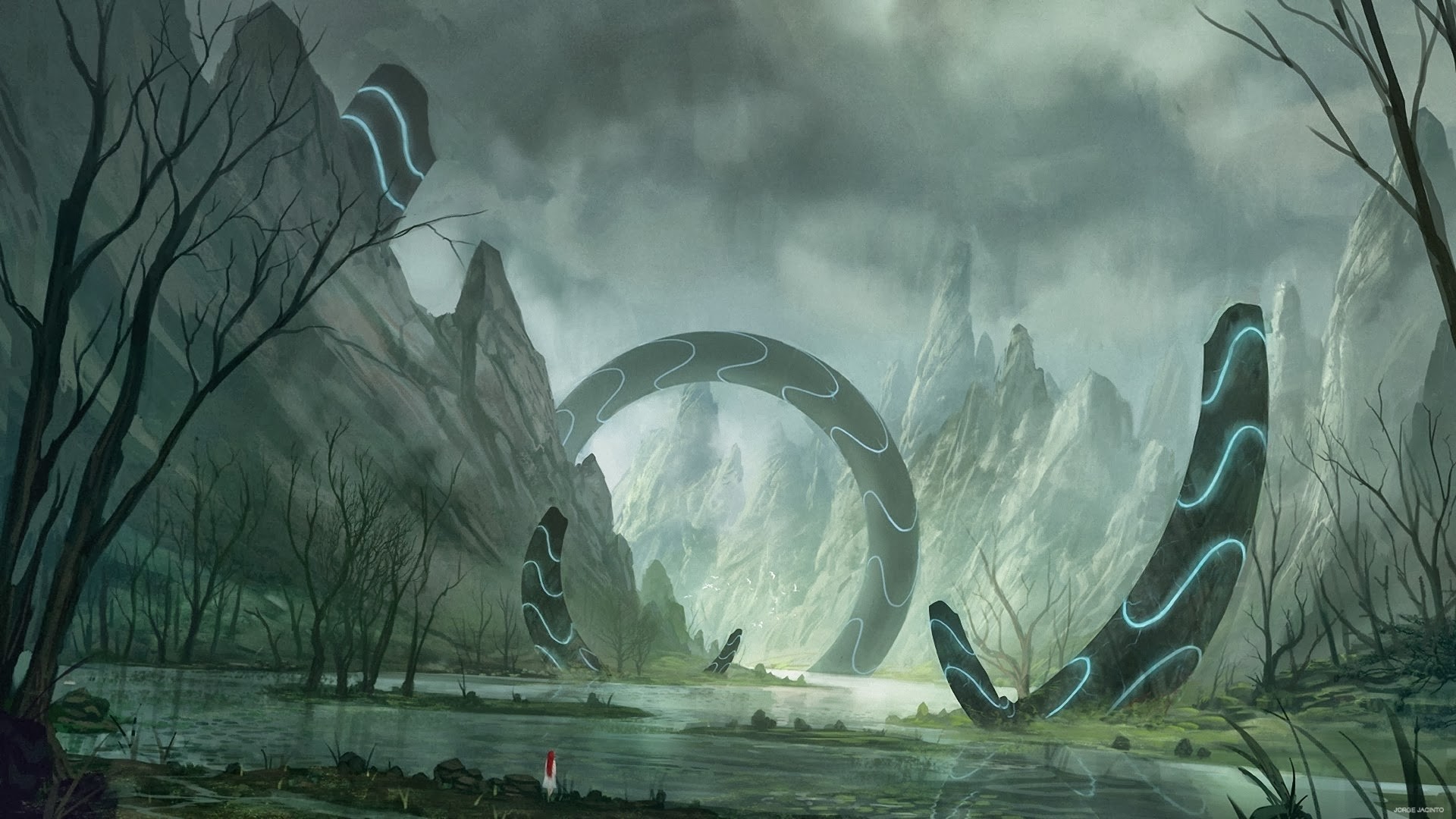 Fantasy landscape with glowing ancient structures HD Wallpaper