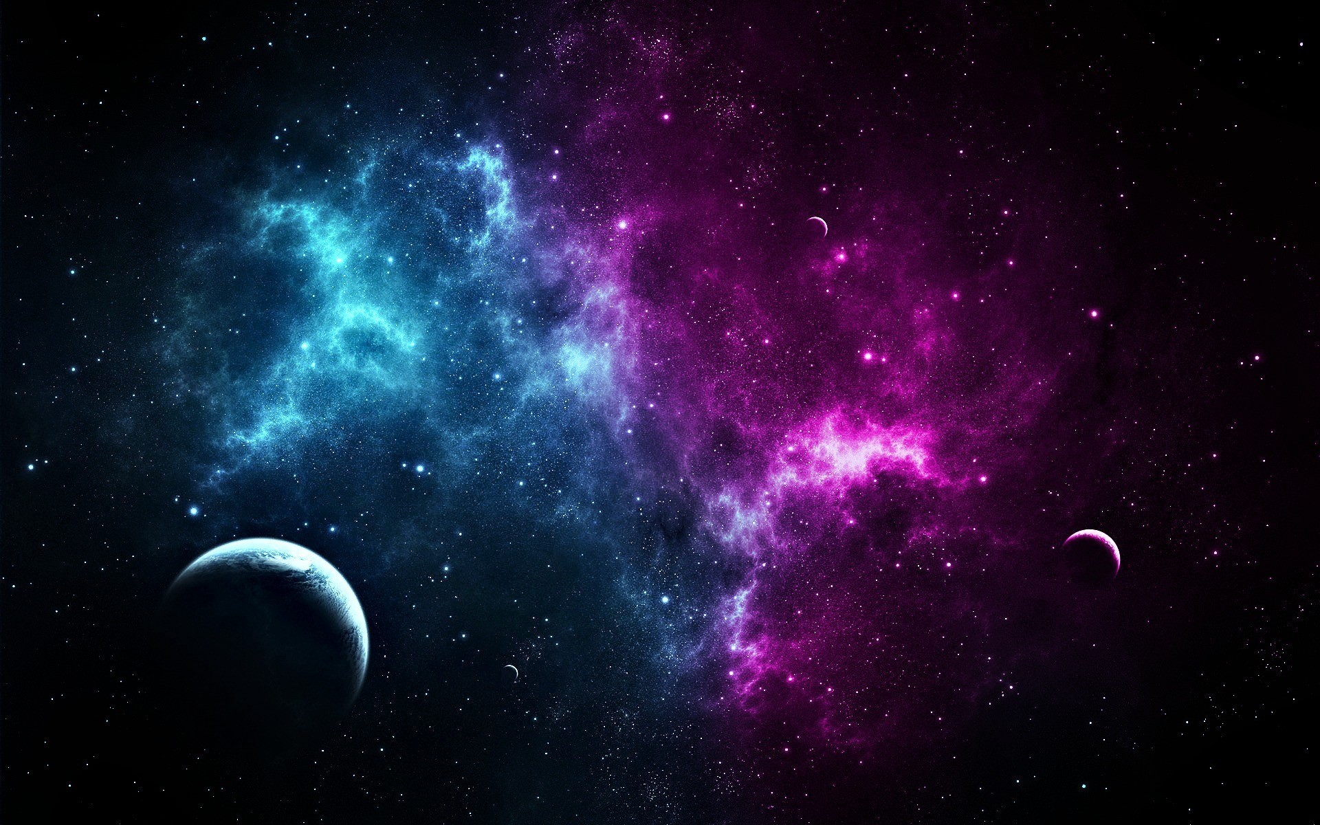Digital art of a colorful nebula with planets HD Wallpaper