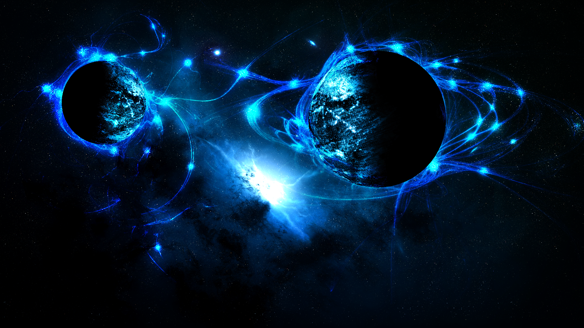 Two planets connected by blue energy in deep space HD Wallpaper