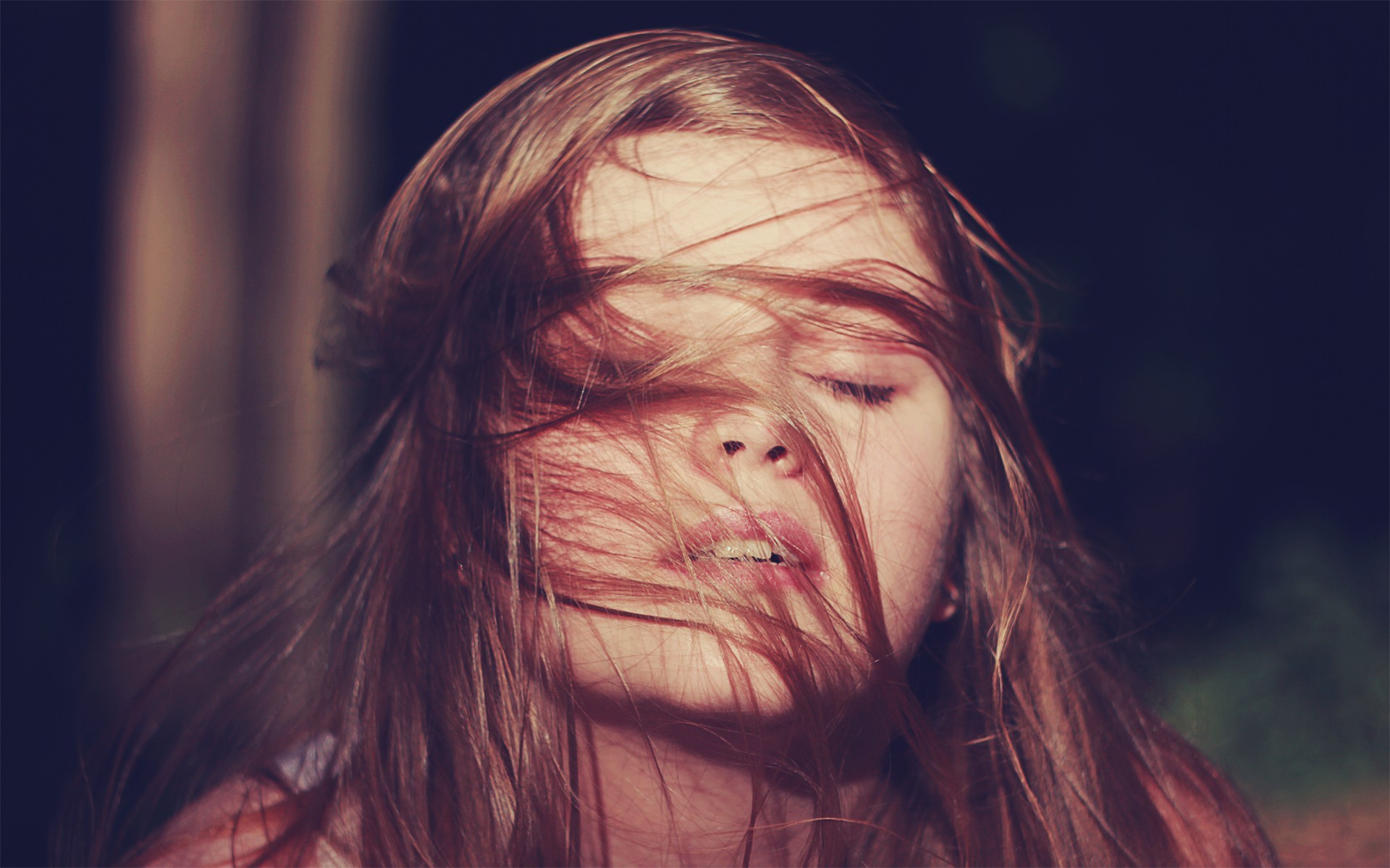 Woman with hair covering her face and closed eyes HD Wallpaper