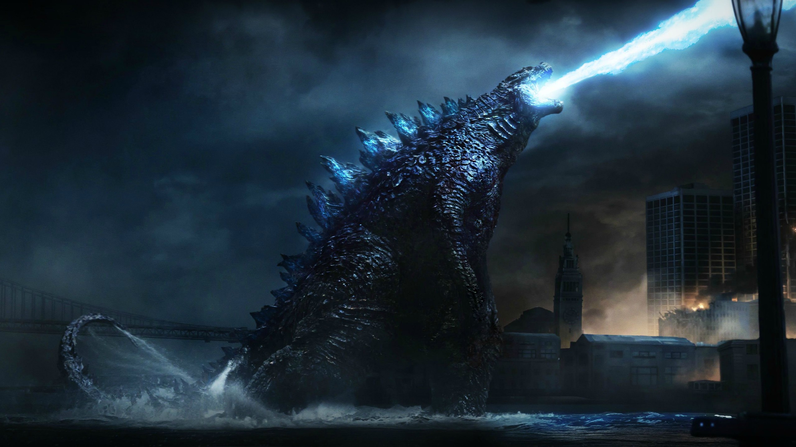 Godzilla firing atomic breath in a city HD Wallpaper