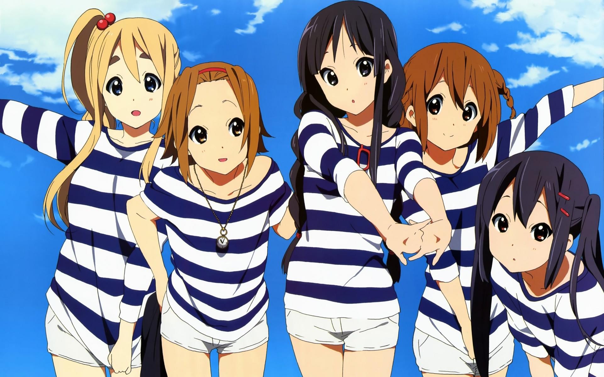 K-ON! girls in matching striped shirts HD Wallpaper