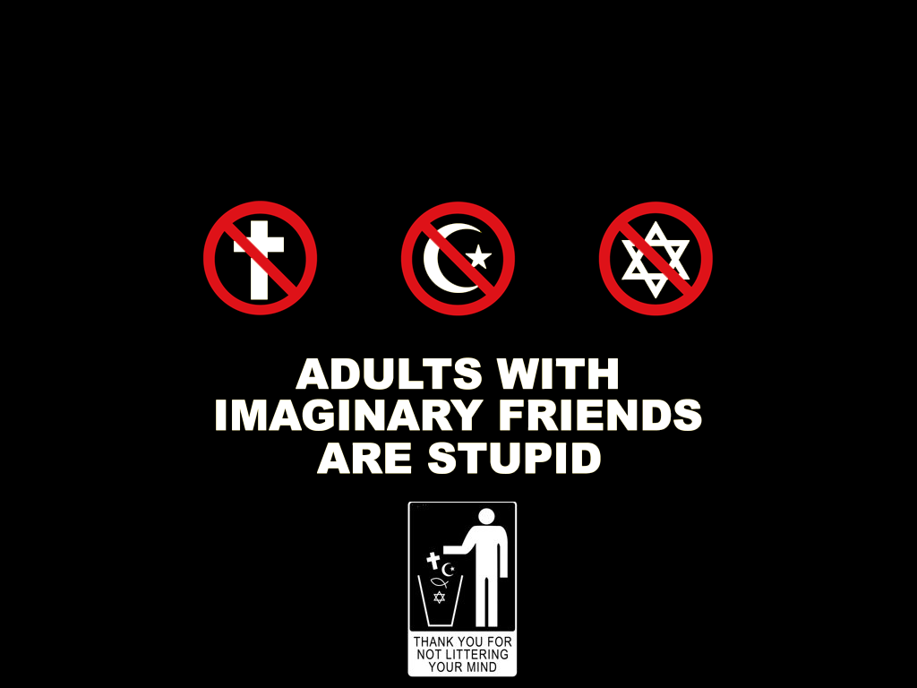 Anti-religion symbols and text on black background HD Wallpaper