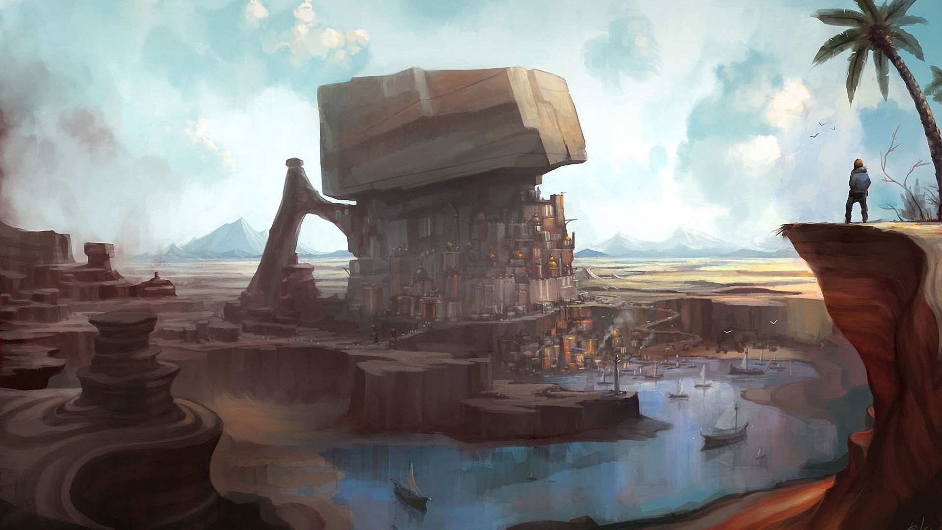 Fantasy city built on a cliff overlooking a harbor HD Wallpaper