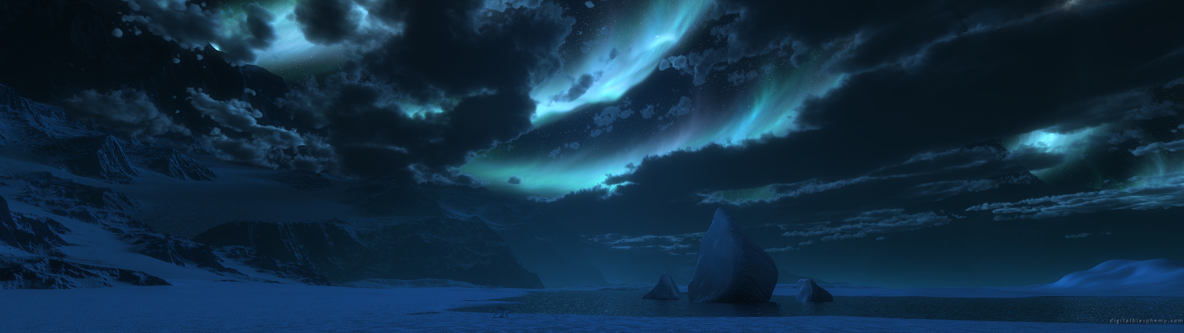 Digital Blasphemy render of an icy, mountainous night sky HD Wallpaper
