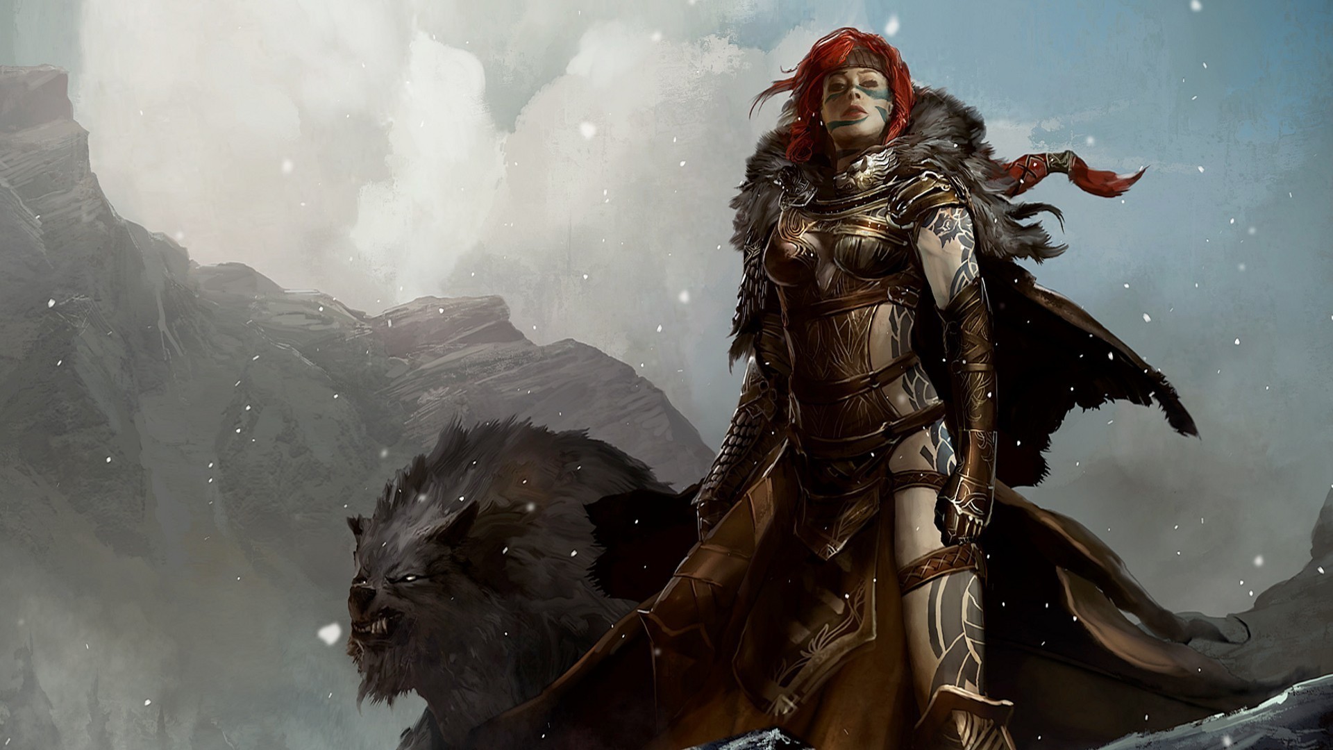 Warrior Woman and Wolf in Guild Wars HD Wallpaper