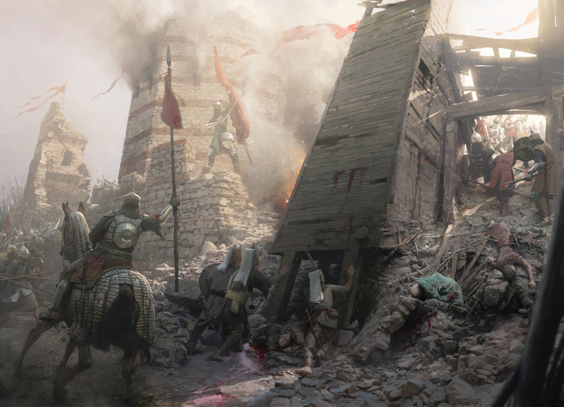 Warriors battling at a destroyed stone tower with flags HD Wallpaper