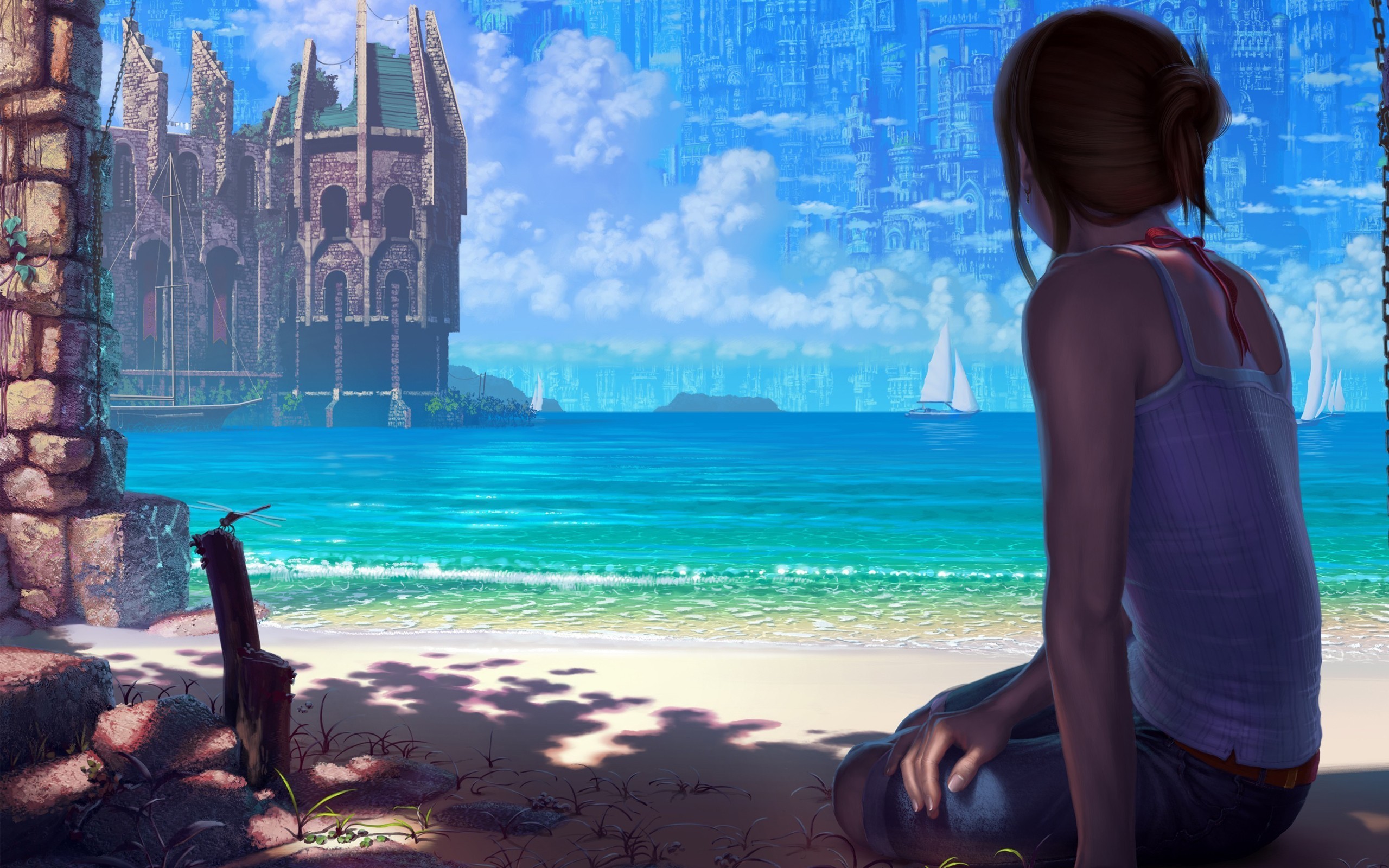 Fantasy city by the sea with a girl watching HD Wallpaper