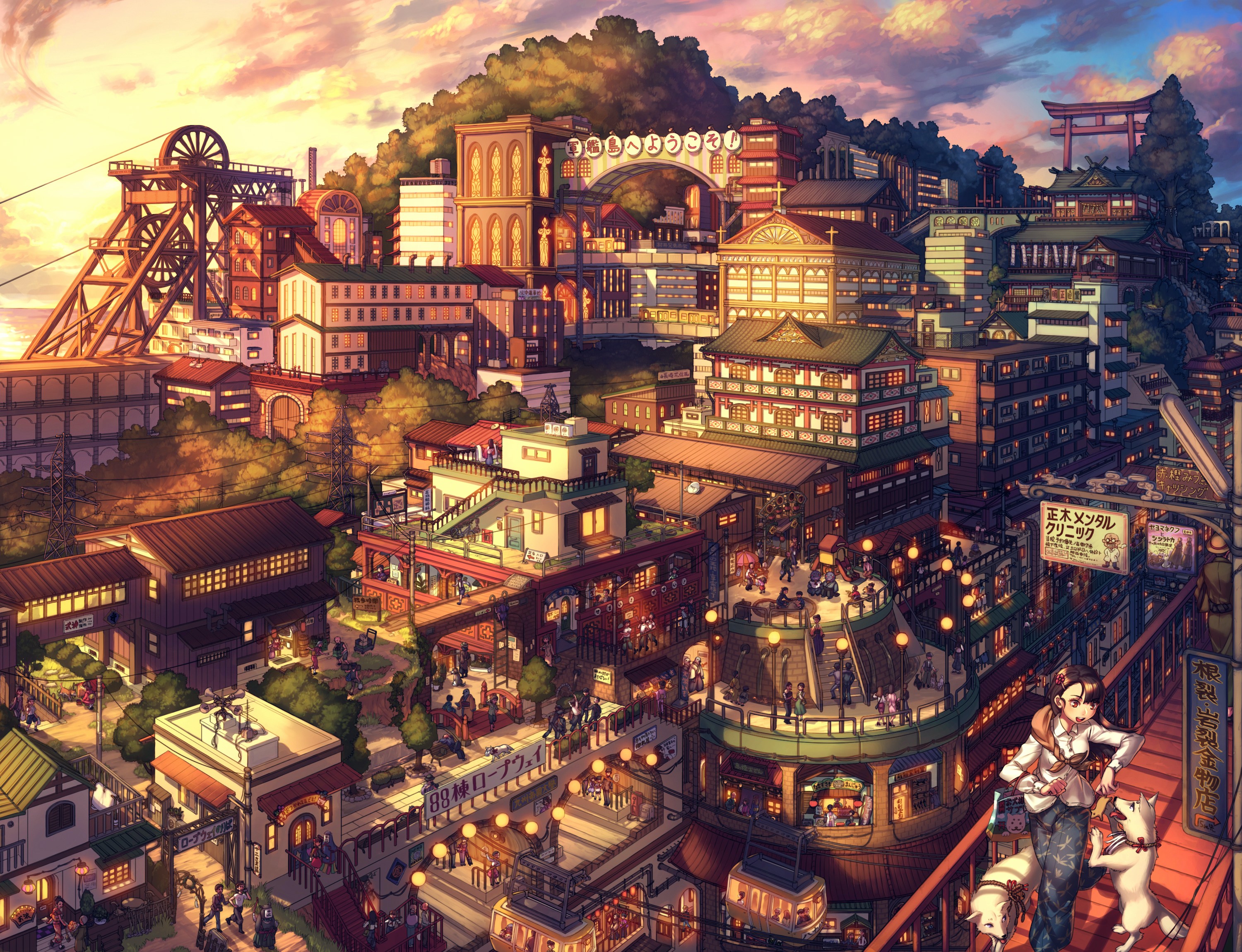 Anime cityscape with a mine shaft and torii gate HD Wallpaper