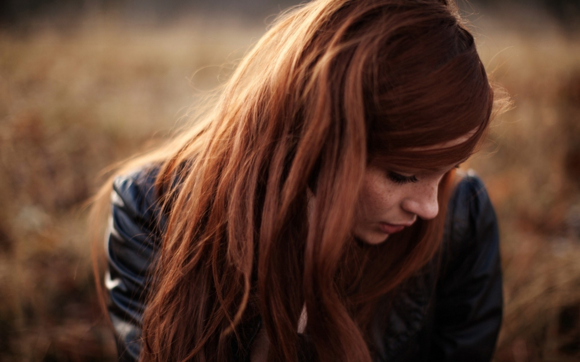 Woman with long red hair outdoors HD Wallpaper