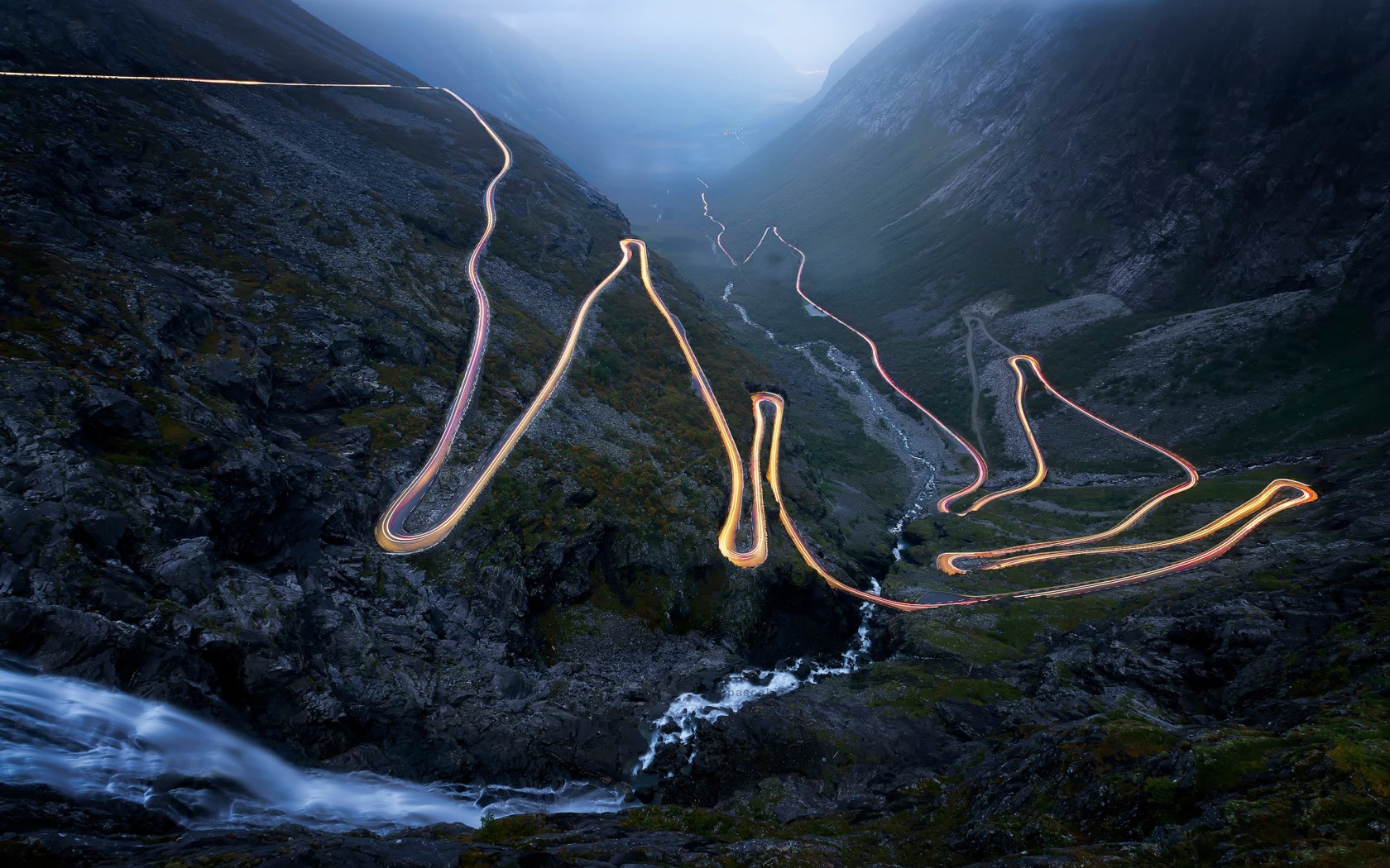 Trollstigen road in Norway with light trails HD Wallpaper