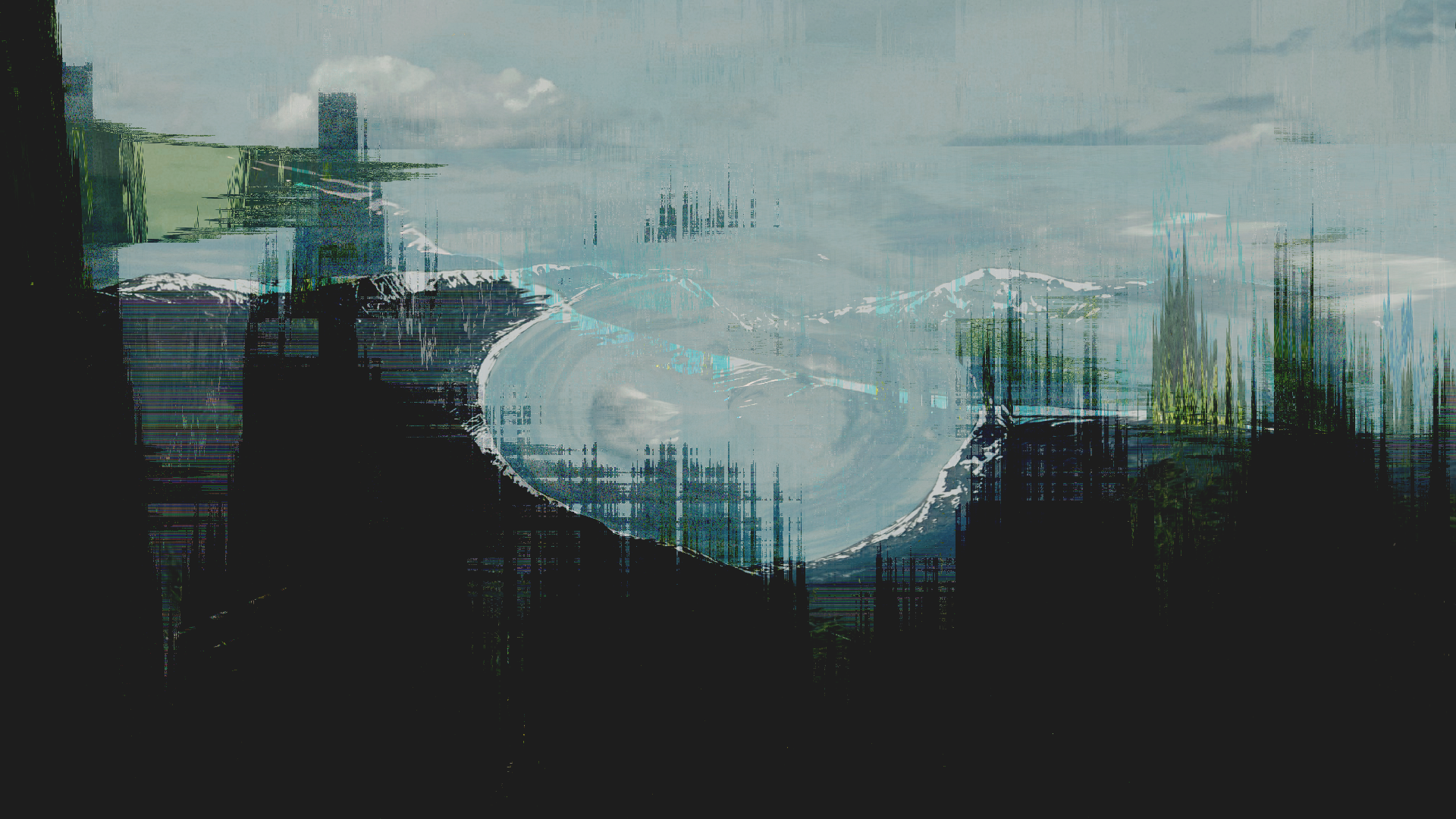 Glitch art landscape with mountains and dark foreground HD Wallpaper
