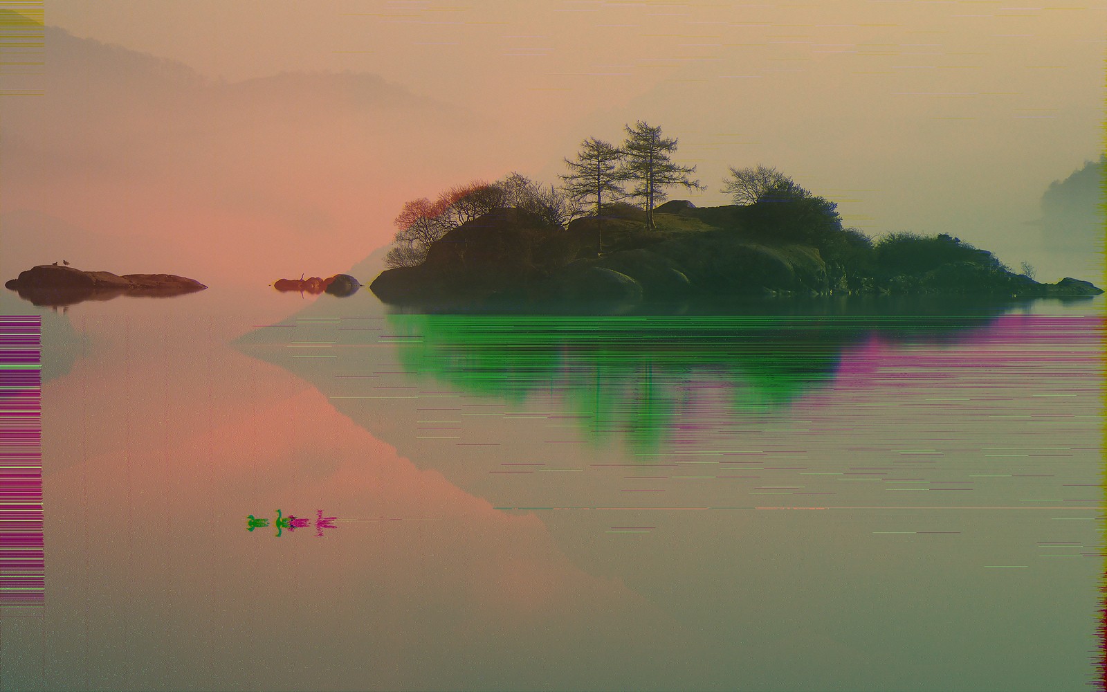 Glitch art island with trees reflected in water HD Wallpaper