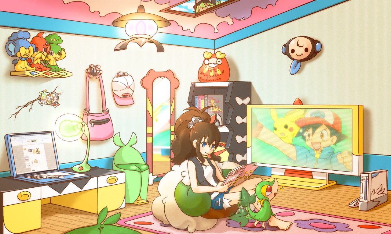 Anime girl reading a book with Pokémon characters HD Wallpaper
