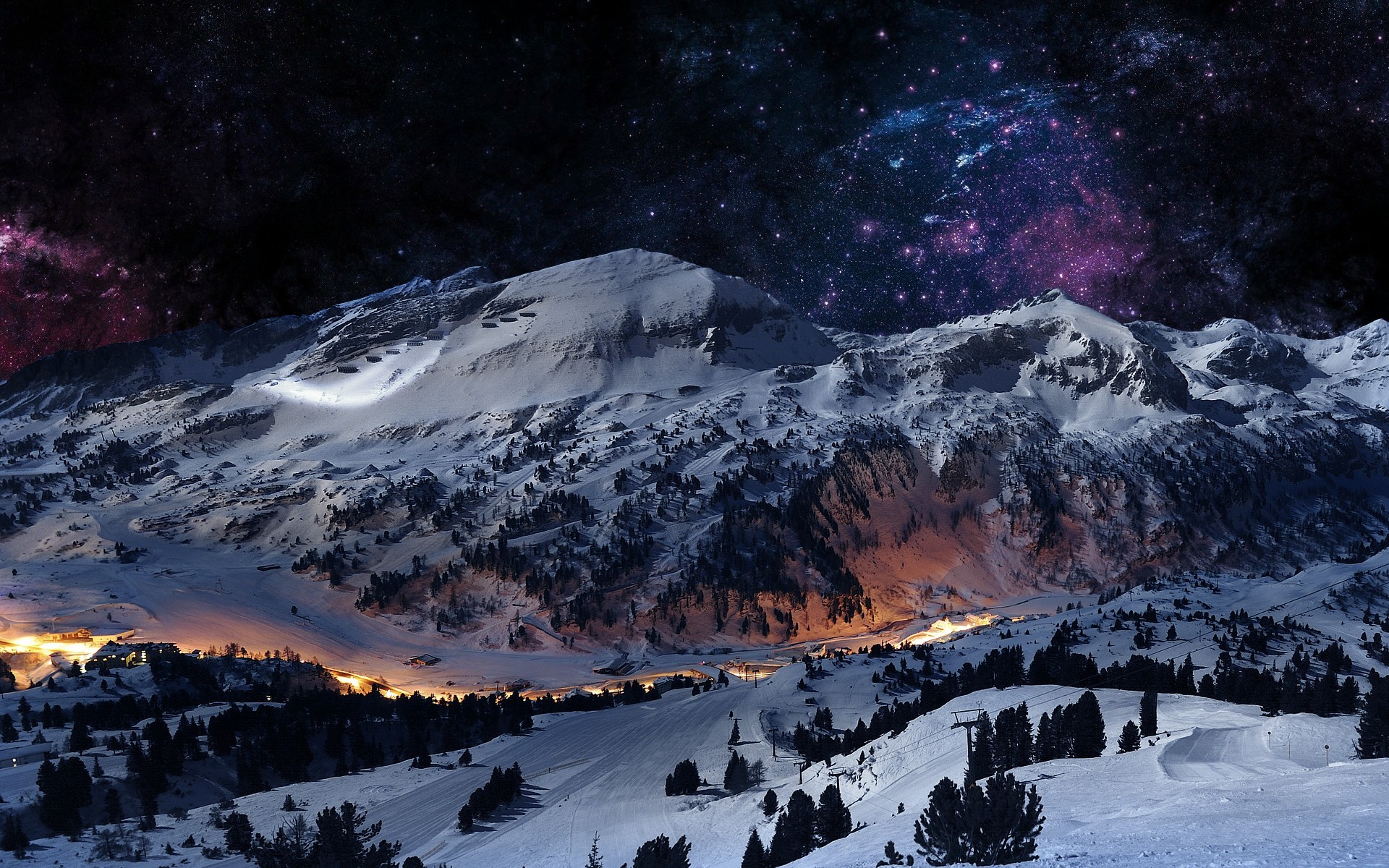 Snowy mountains under a starry galaxy sky HD Wallpaper