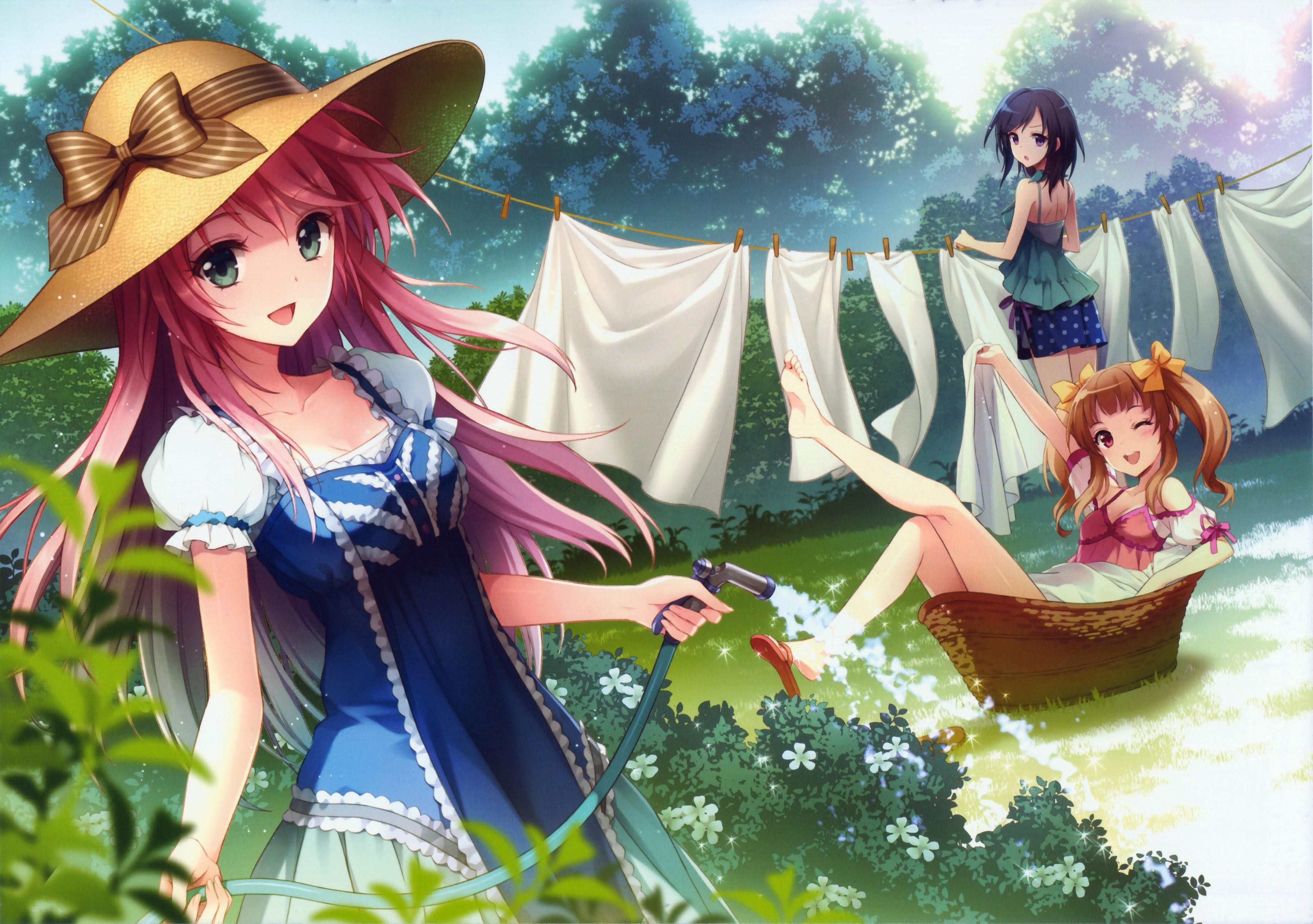 Anime girls doing laundry outdoors HD Wallpaper