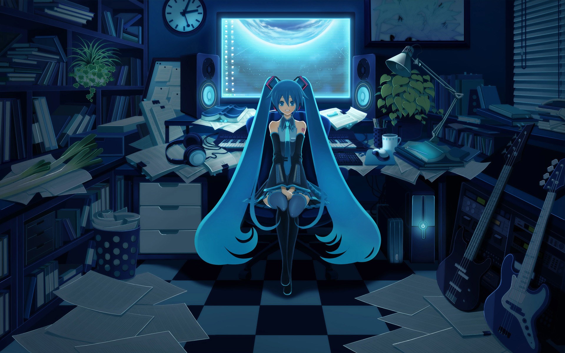 Hatsune Miku in a messy music studio HD Wallpaper