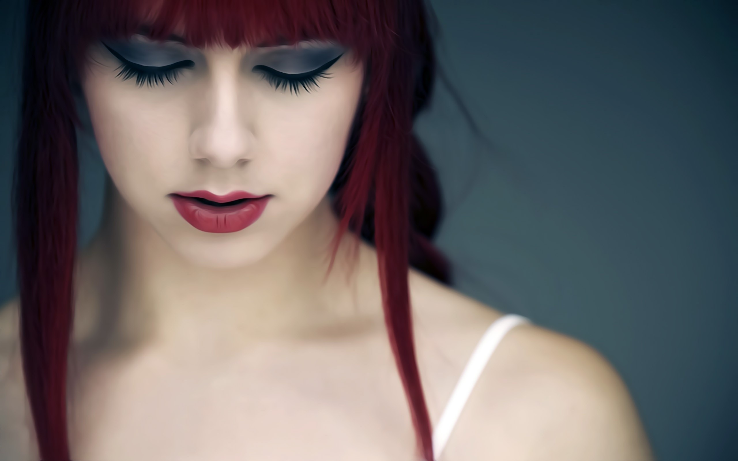 Redhead woman with red lipstick and closed eyes HD Wallpaper