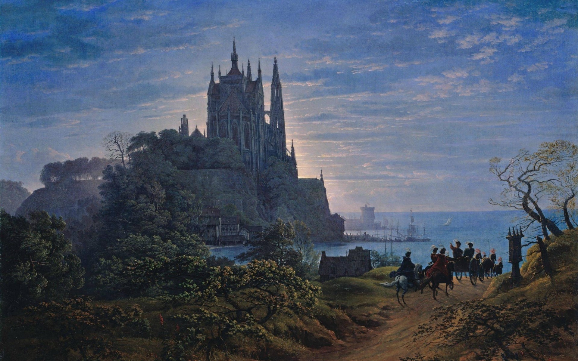 Castle on a cliff overlooking a harbor with a carriage on a road HD Wallpaper