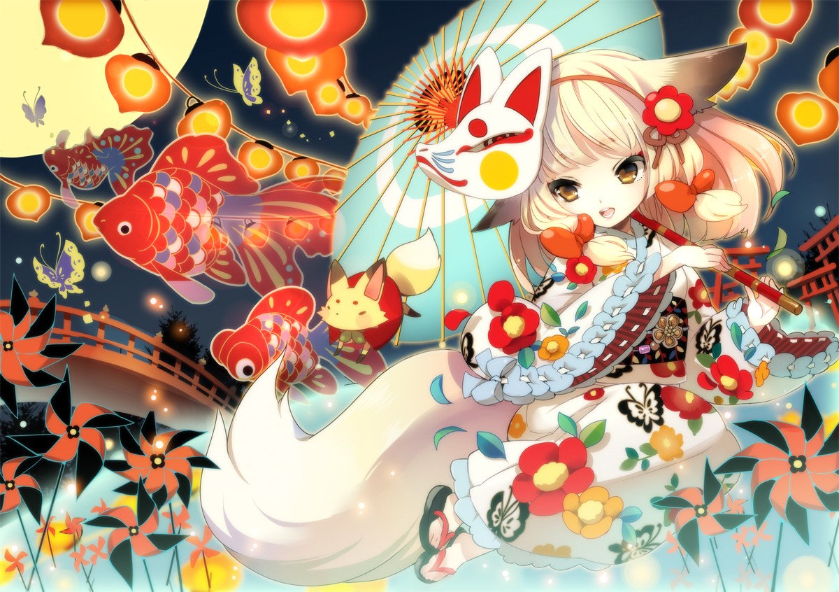 Anime girl with fox ears and mask in traditional clothing HD Wallpaper