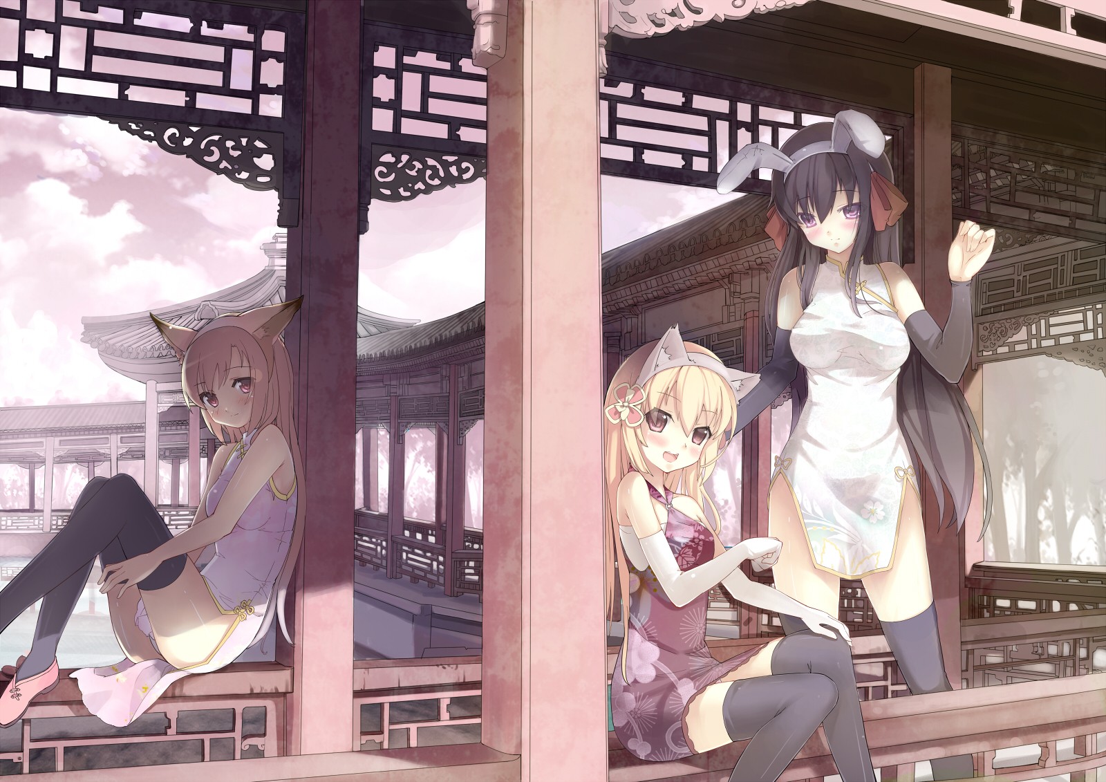 anime, anime girls, cat ears, original characters, bunny ears, animal ears HD Wallpaper