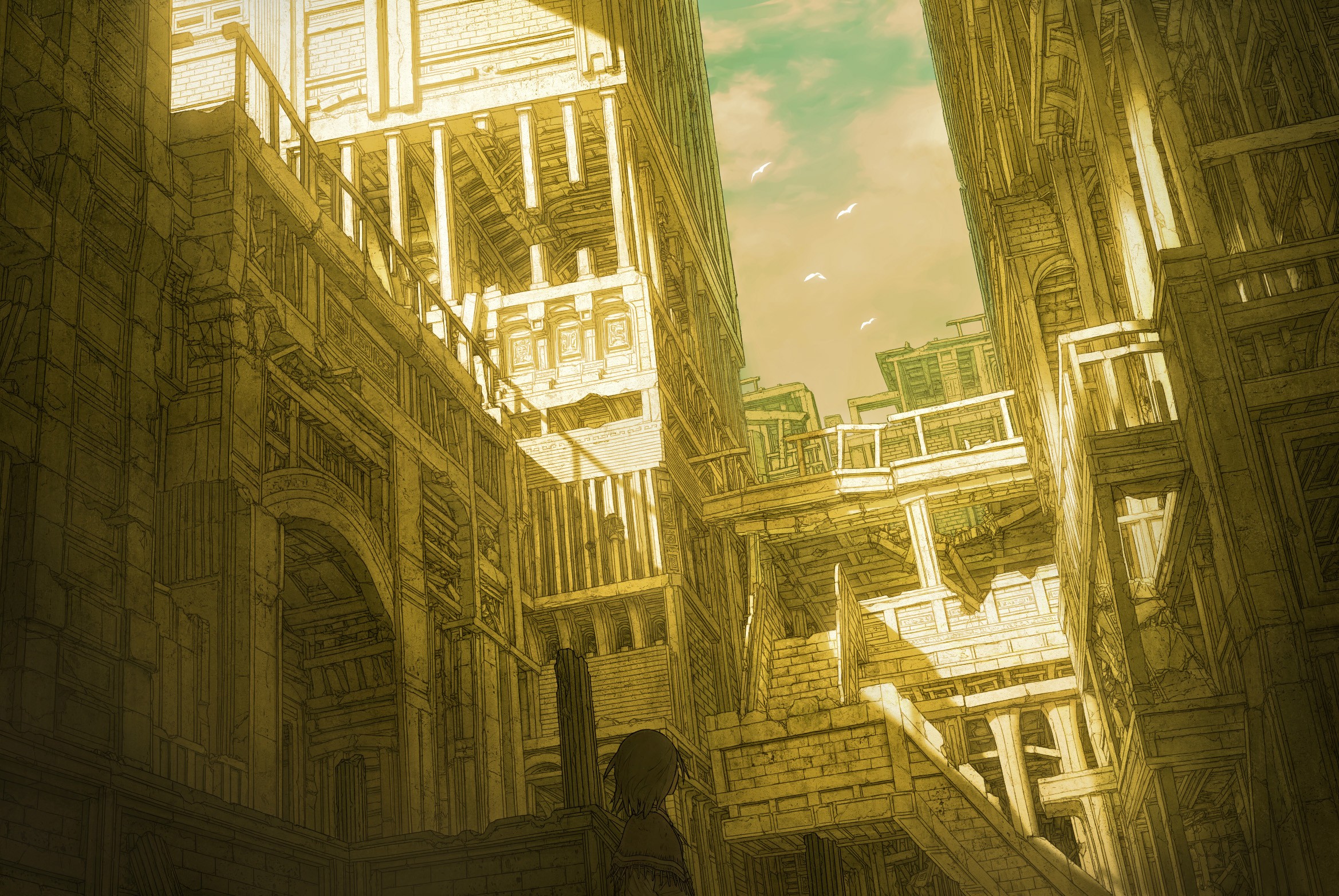 Anime artwork of a lone figure in ancient ruins HD Wallpaper