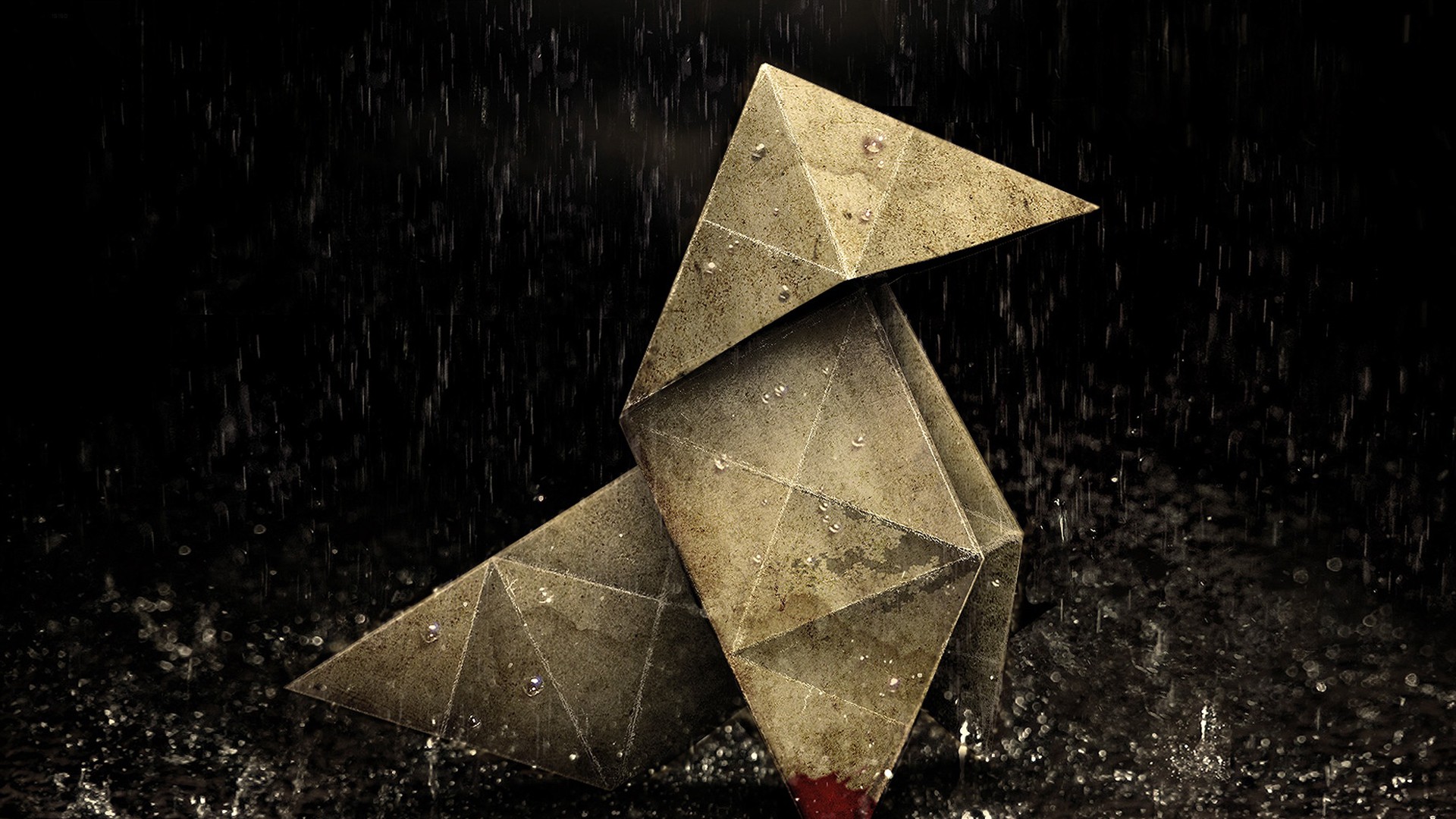 Origami bird in the rain with blood HD Wallpaper