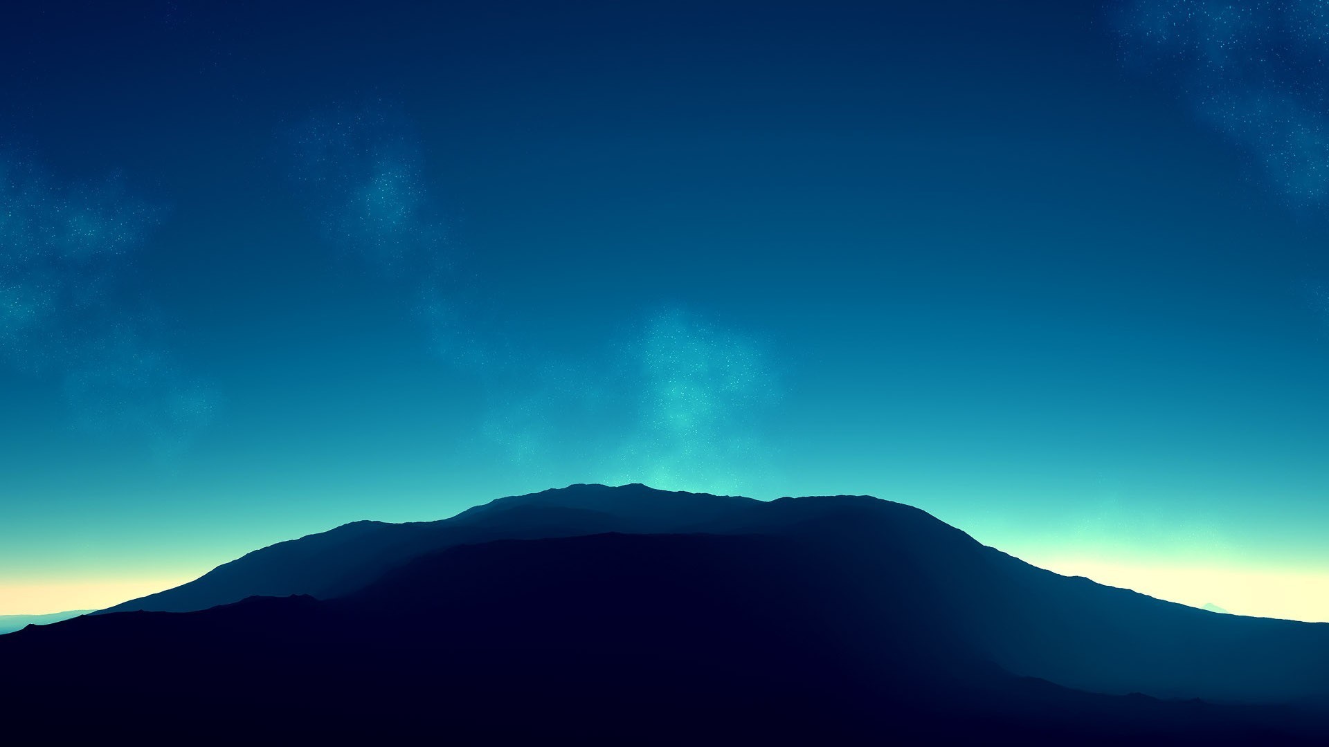 Minimalist landscape with dark mountains under a starry blue sky HD Wallpaper