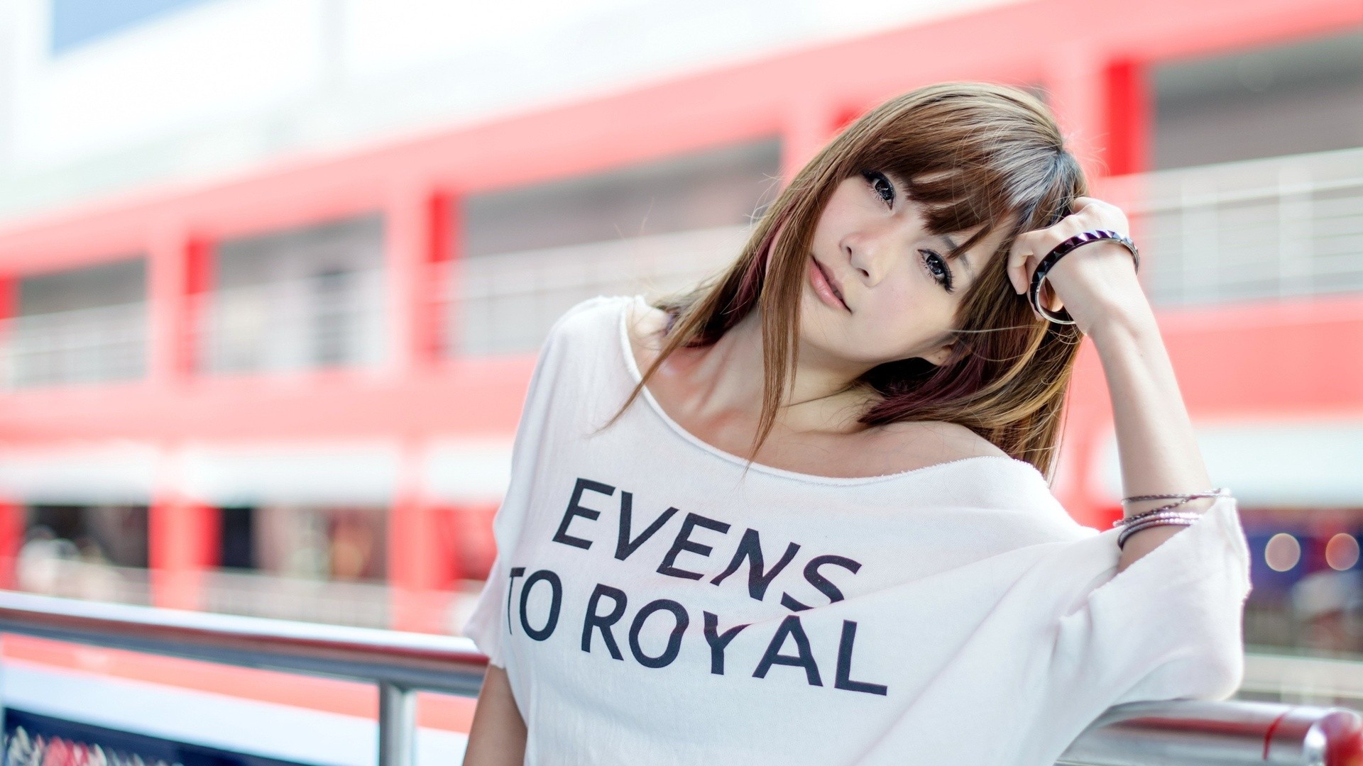 Asian woman with brown hair wearing a white shirt HD Wallpaper