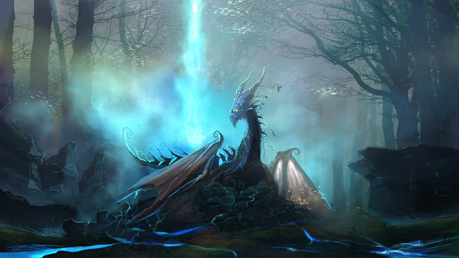 Dragon in a mystical forest with blue light HD Wallpaper