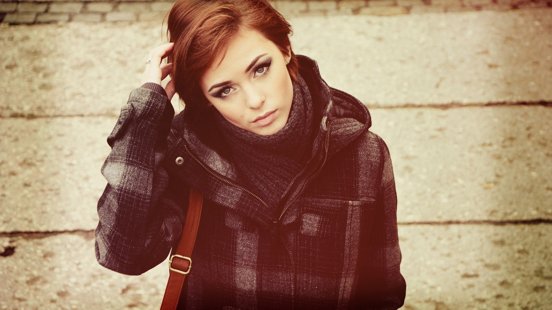 Redhead woman in a plaid coat and scarf HD Wallpaper