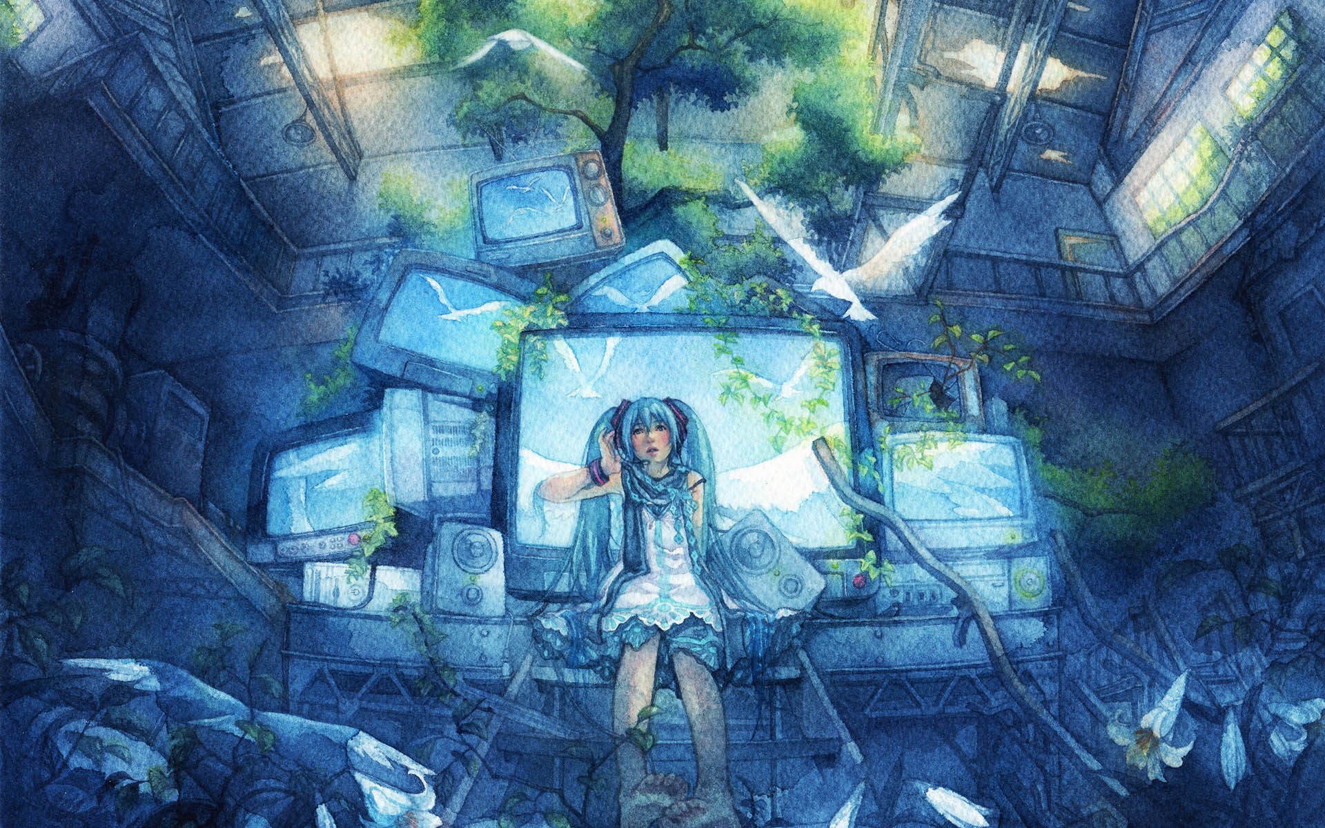 Hatsune Miku in a ruined room with old TVs and birds HD Wallpaper