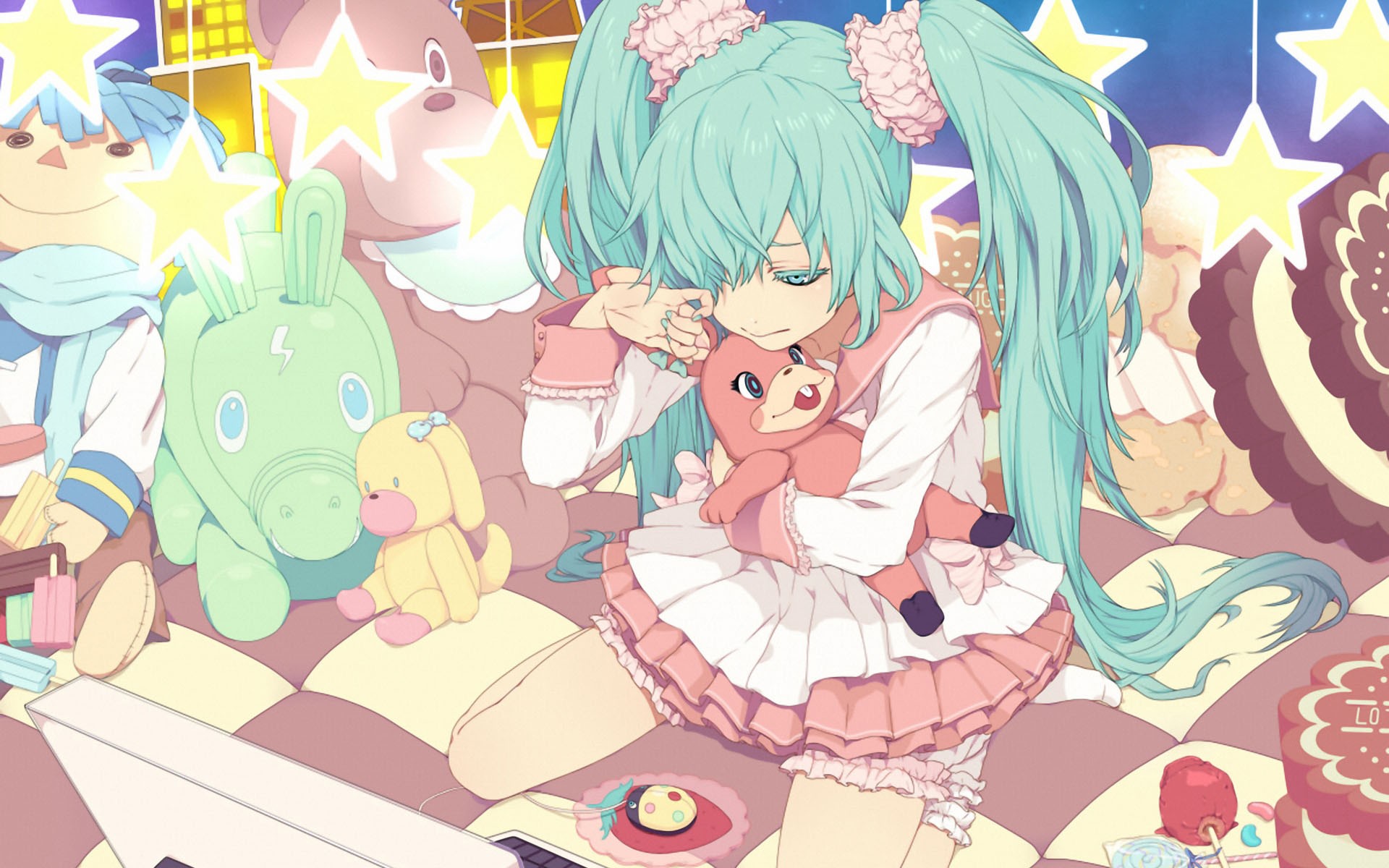 Hatsune Miku holding a pink toy with stuffed animals HD Wallpaper