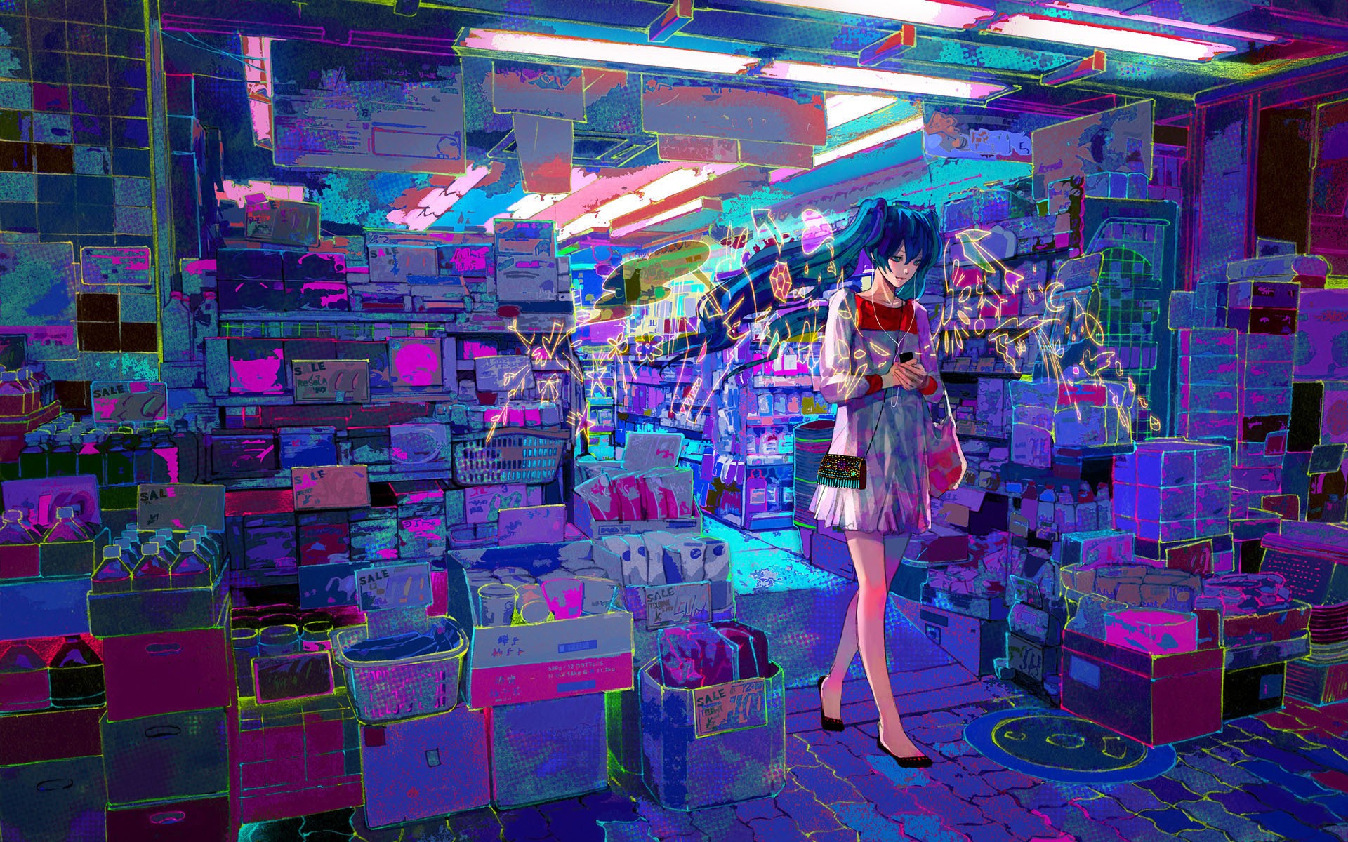 Hatsune Miku in a brightly lit convenience store HD Wallpaper