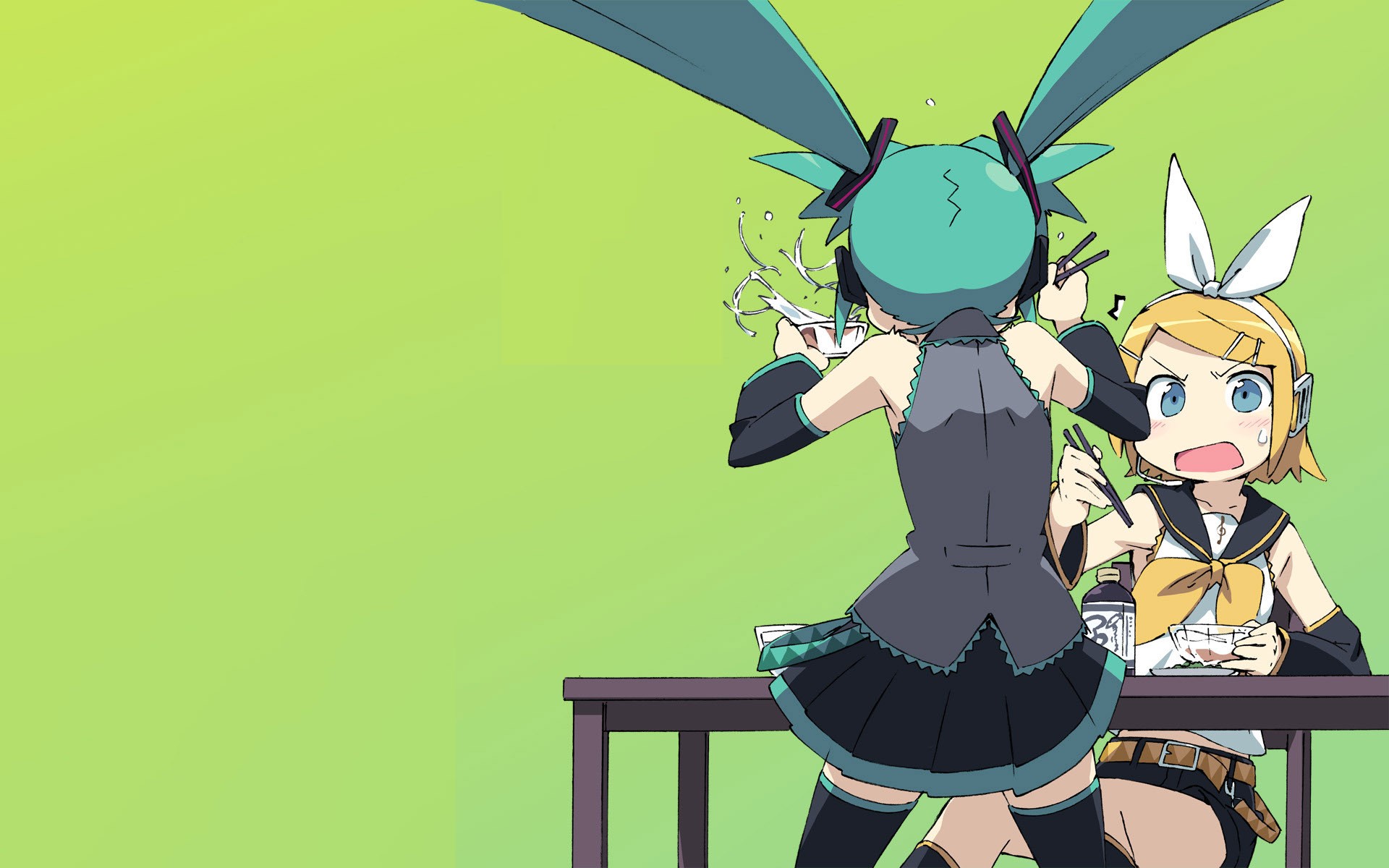 Hatsune Miku and Kagamine Rin eating HD Wallpaper
