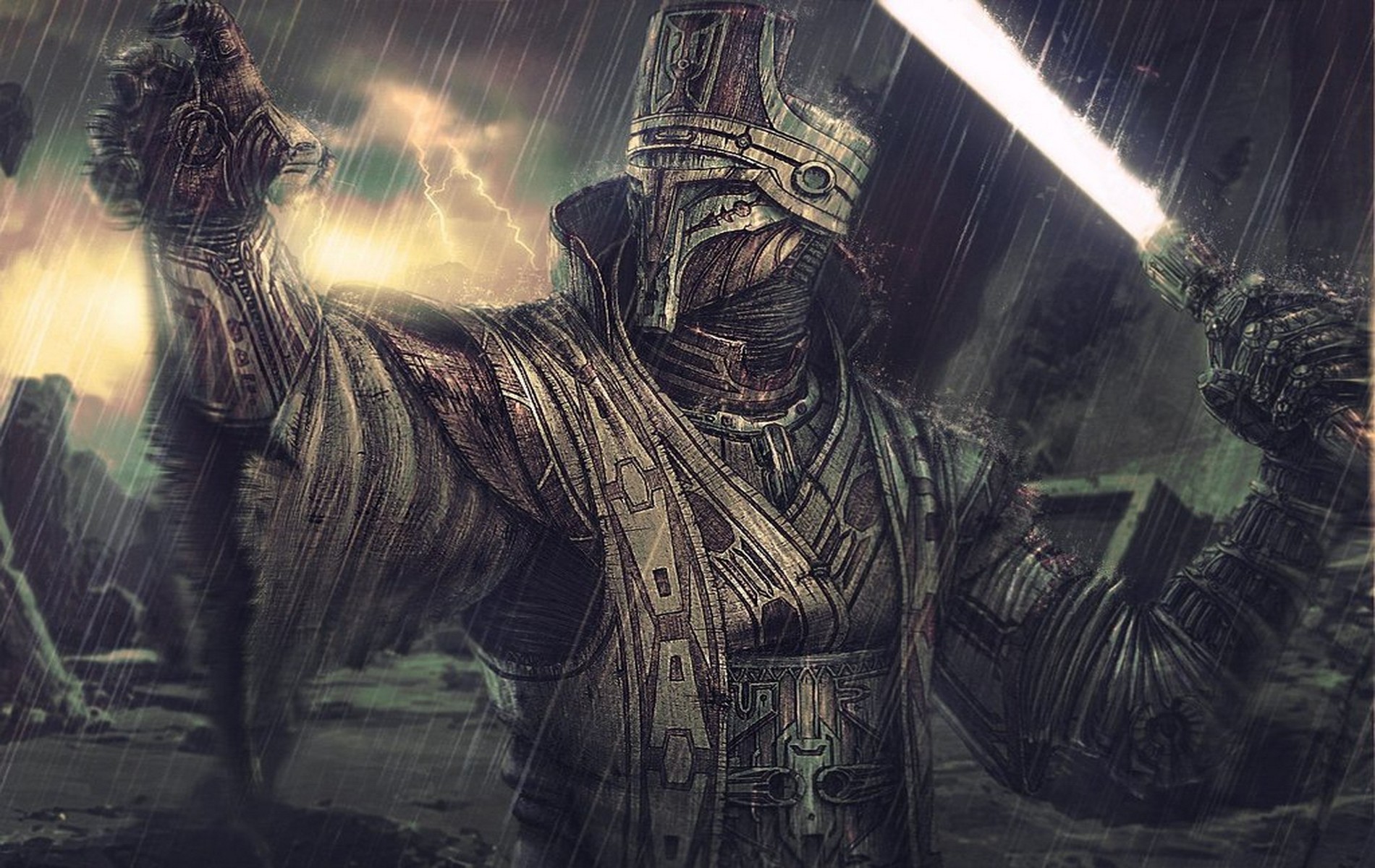 Star Wars Sith Lord with Lightsaber in Rain HD Wallpaper