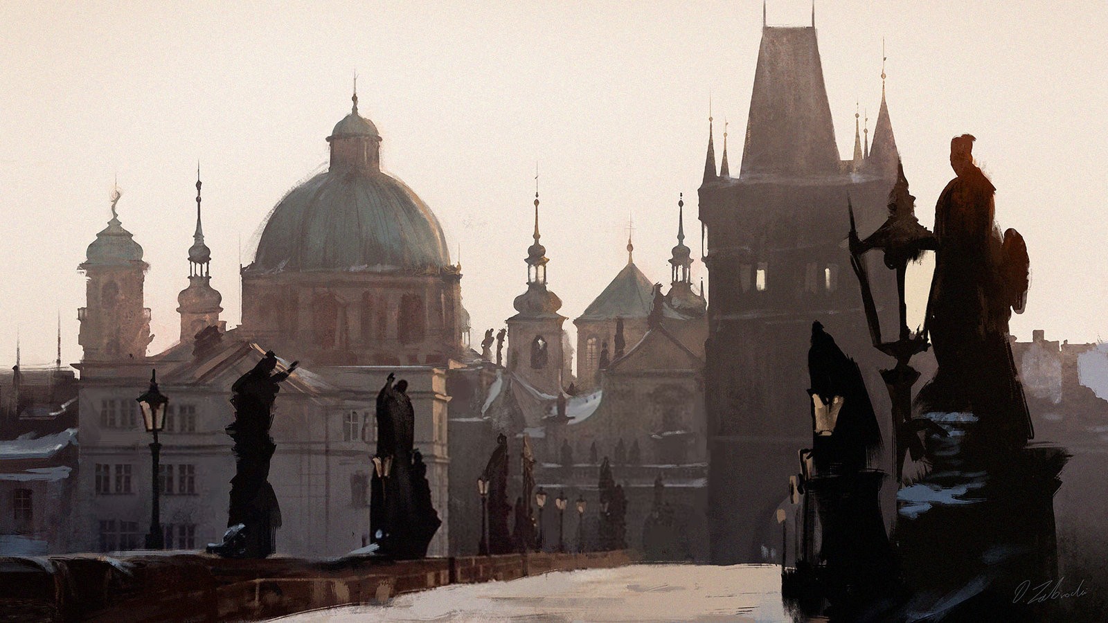 Artwork of Prague's Charles Bridge in winter HD Wallpaper