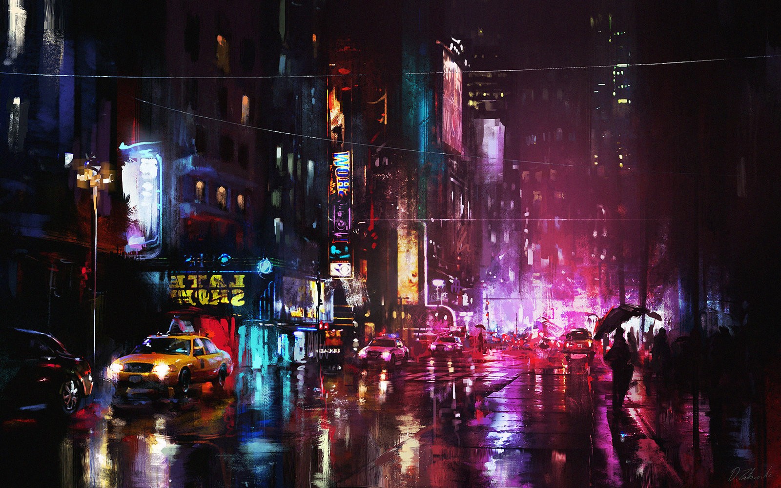 Painting of a rainy cityscape with neon lights HD Wallpaper