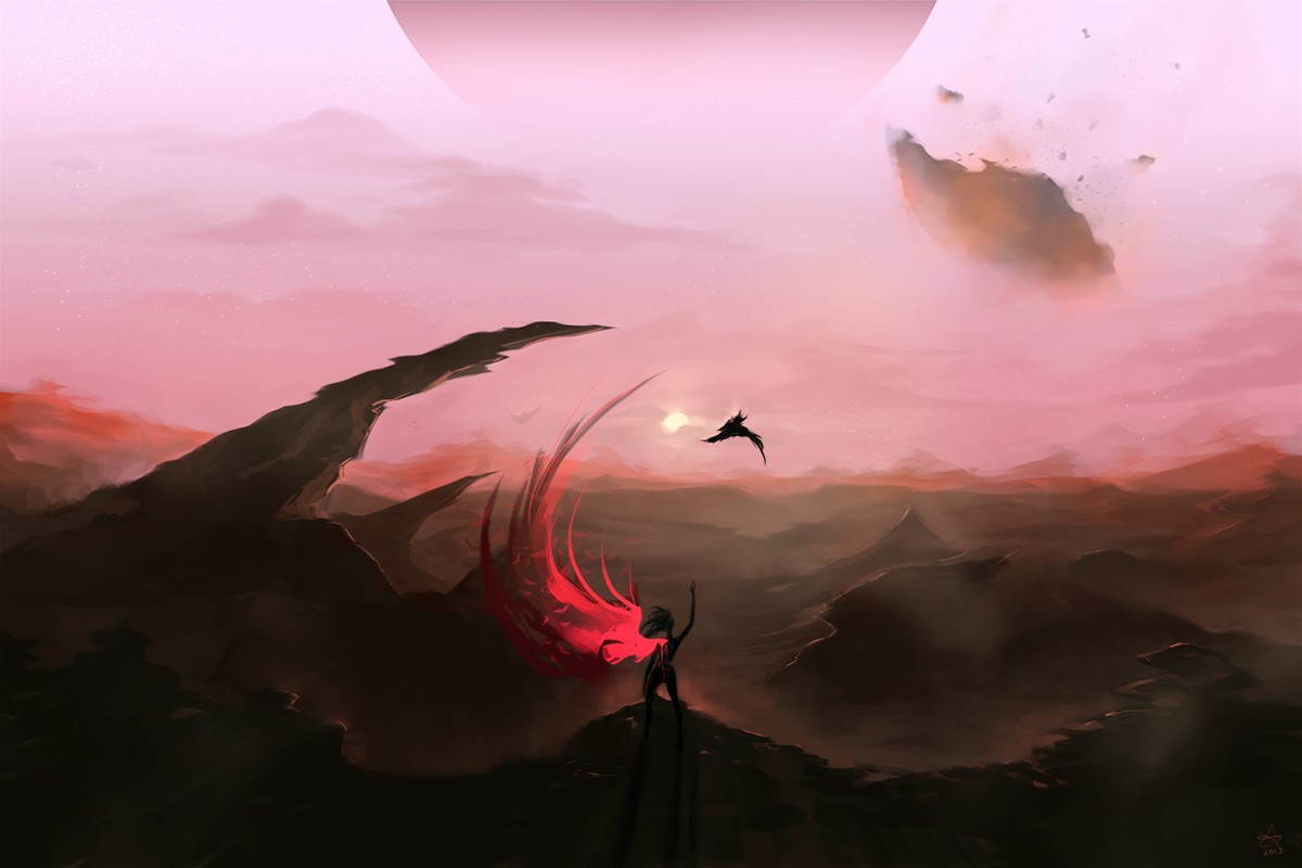 Fantasy landscape with a figure and a bird HD Wallpaper