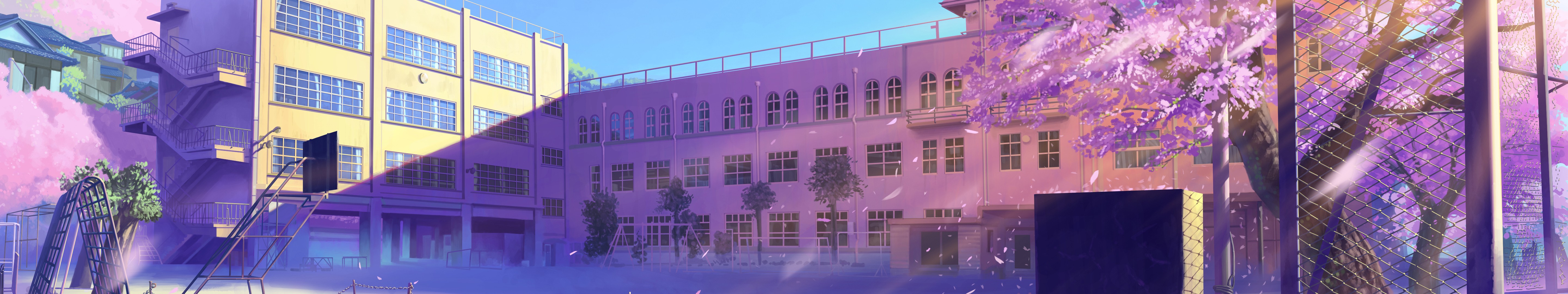 Anime school building with cherry blossoms HD Wallpaper