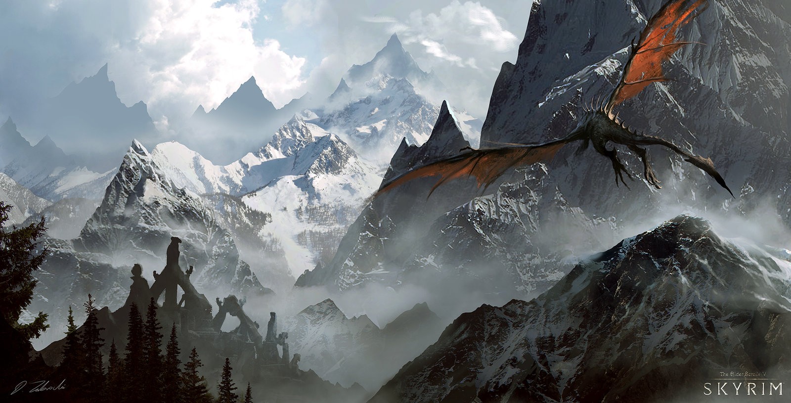 The Elder Scrolls V: Skyrim Dragon Over Mountains HD Wallpaper