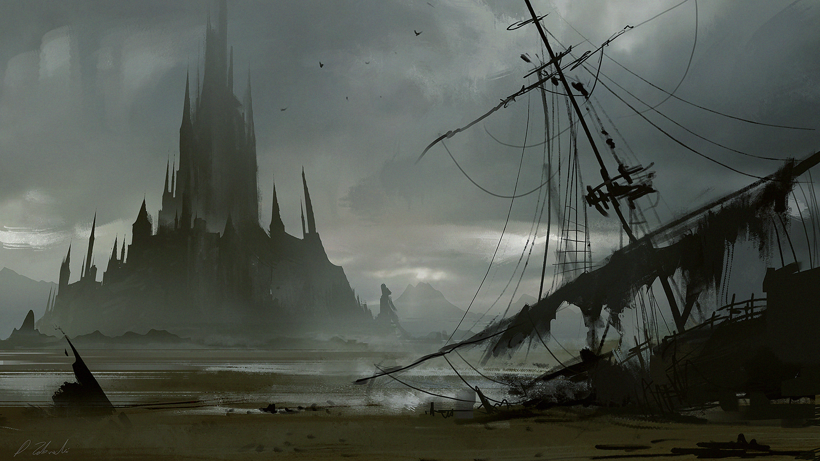 Fantasy shipwreck and castle by Darek Zabrocki HD Wallpaper