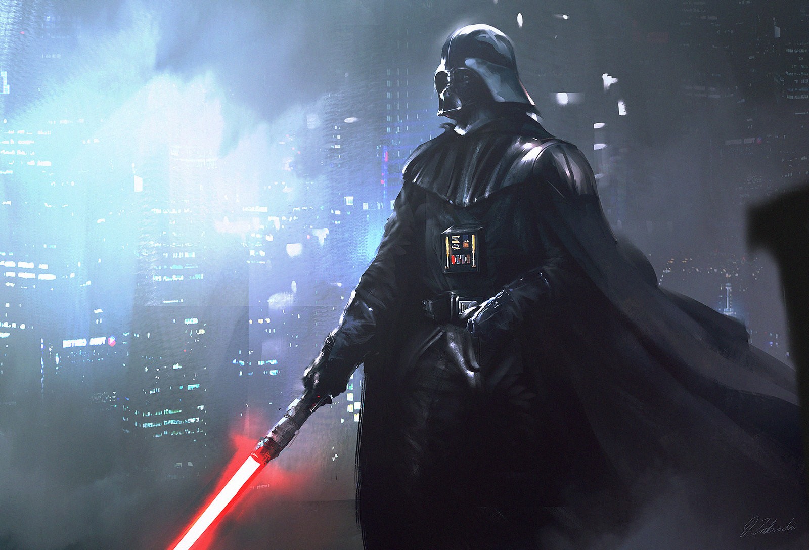 Darth Vader with Red Lightsaber in City HD Wallpaper