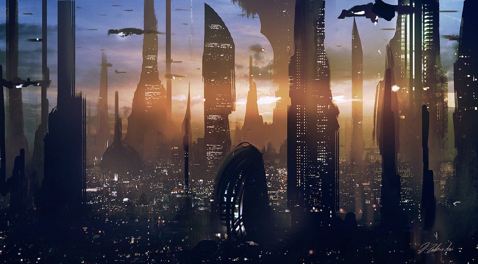 Futuristic city skyline with flying vehicles at sunset HD Wallpaper