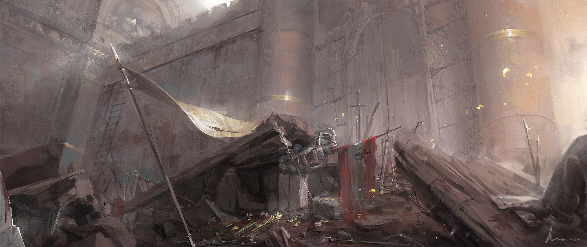 Ruined castle interior with fallen banners and armor HD Wallpaper